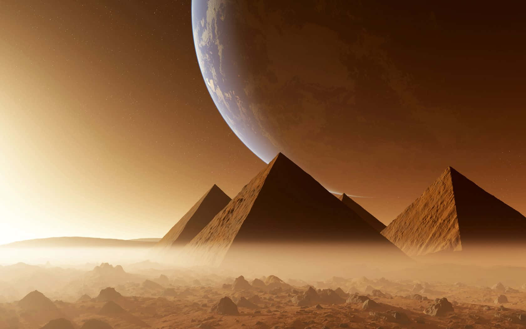 Giza Pyramids, giant planet, dusty alien desert, HD Desktop Wallpaper