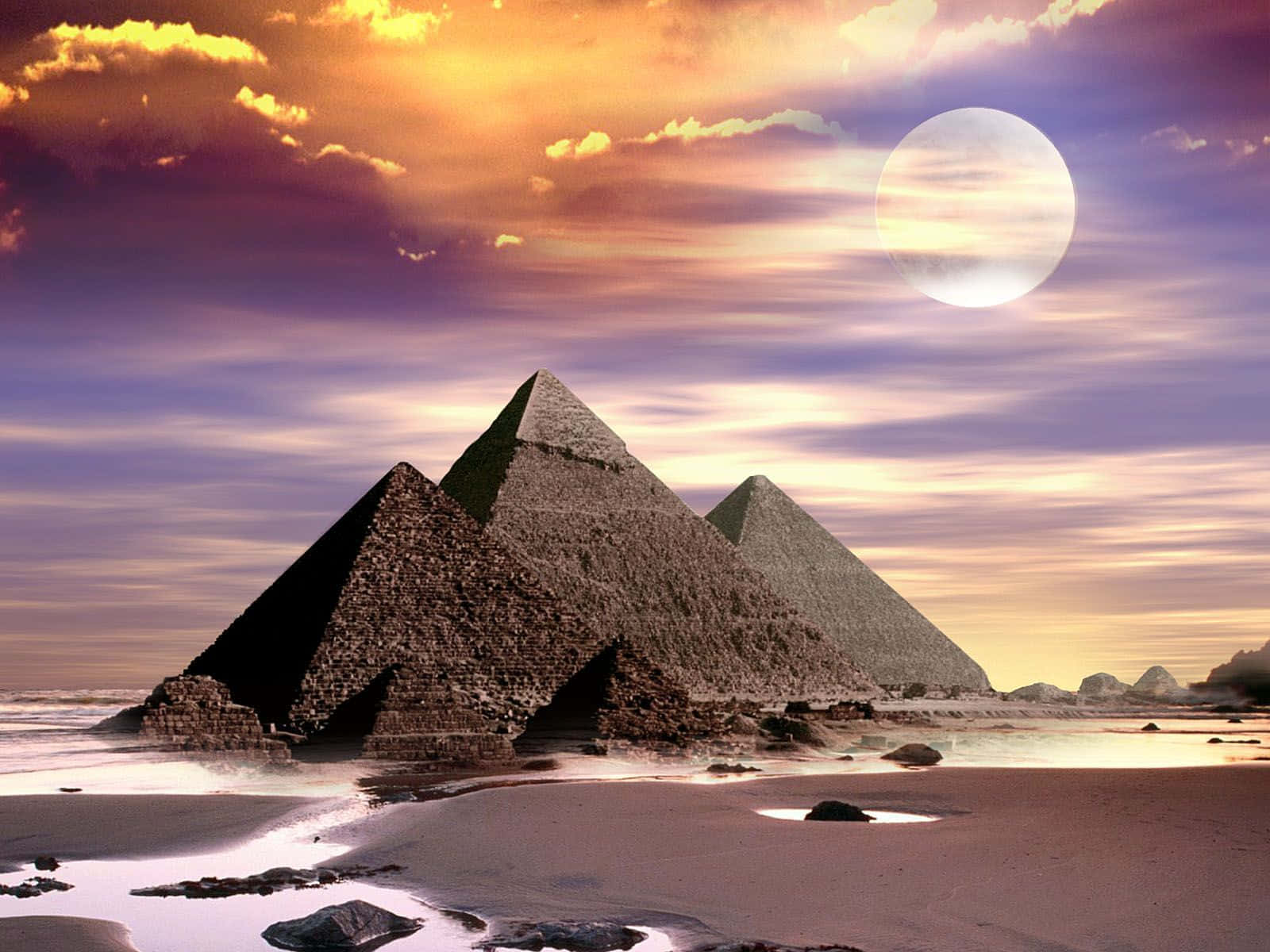 Giza Pyramids, wet sandy shore, vibrant sunset sky, HD Desktop Wallpaper