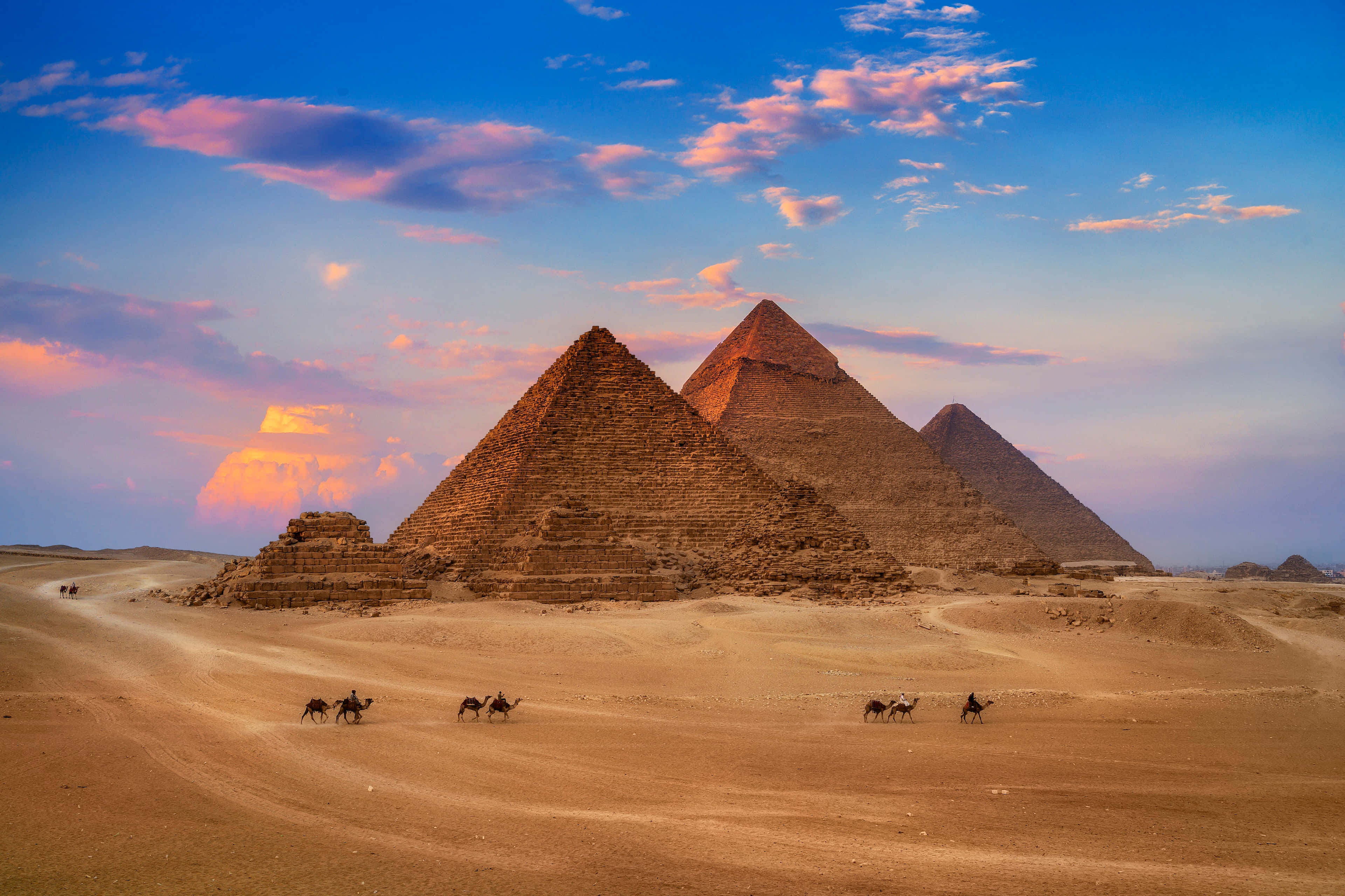 The Pyramids of Giza, camels, golden desert sands, 4K Desktop Wallpaper