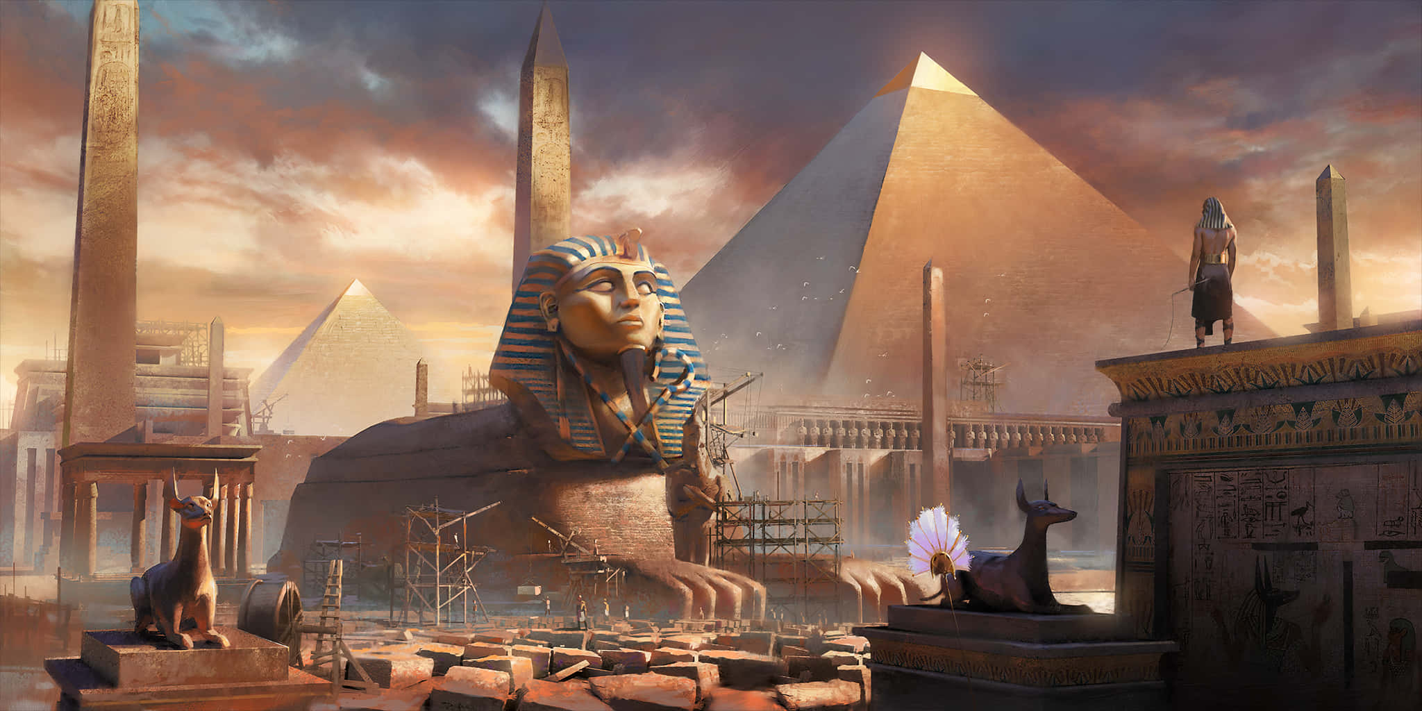 Giza Pyramids, sphinx, sunset, Full HD Desktop Wallpaper