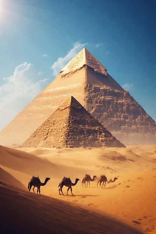 Pyramids of Giza, golden desert dunes, vast blue sky, SD Phone Wallpaper