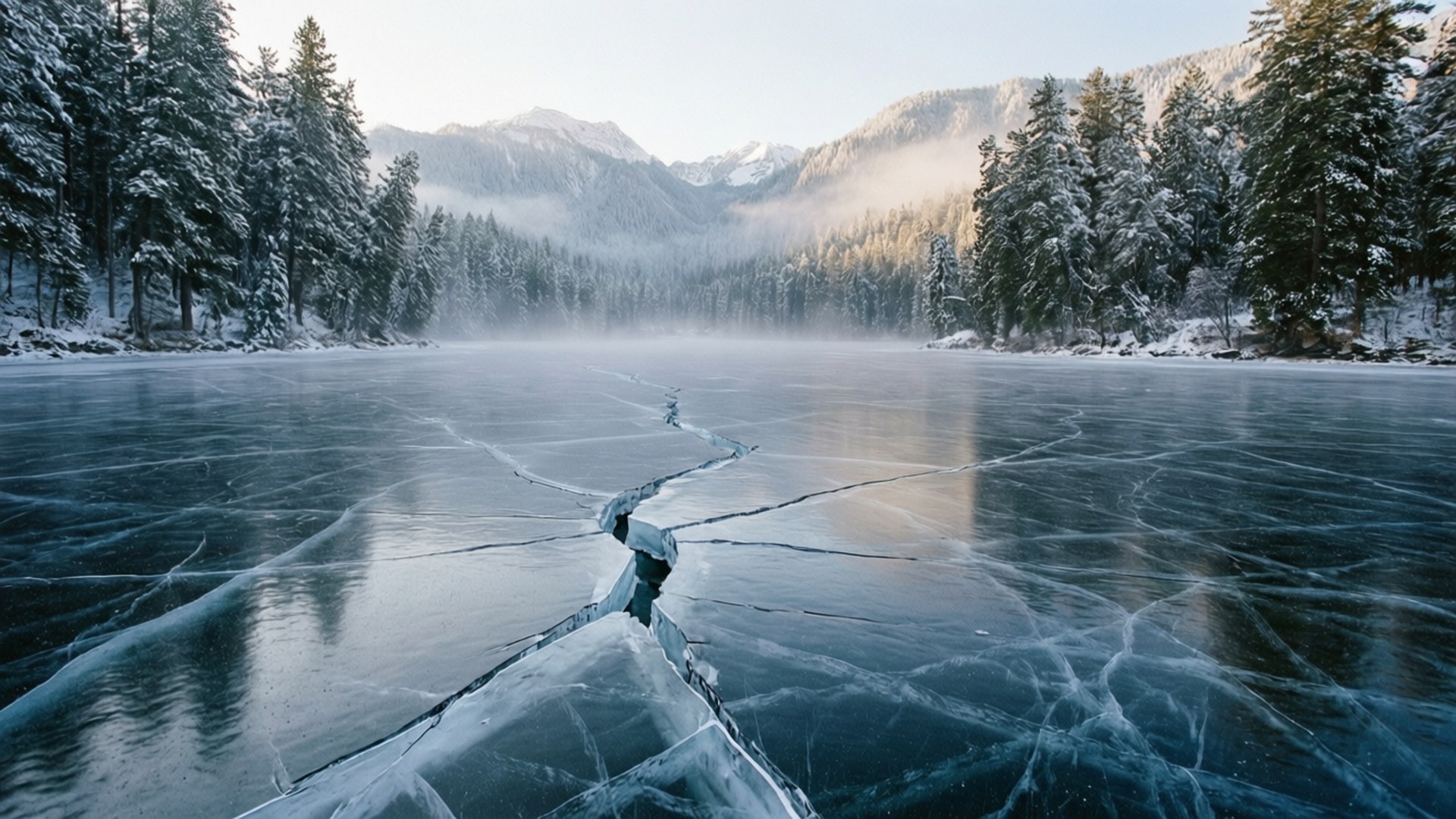 frozen lake, cracked ice, snow-covered pine trees, Full HD Desktop Wallpaper