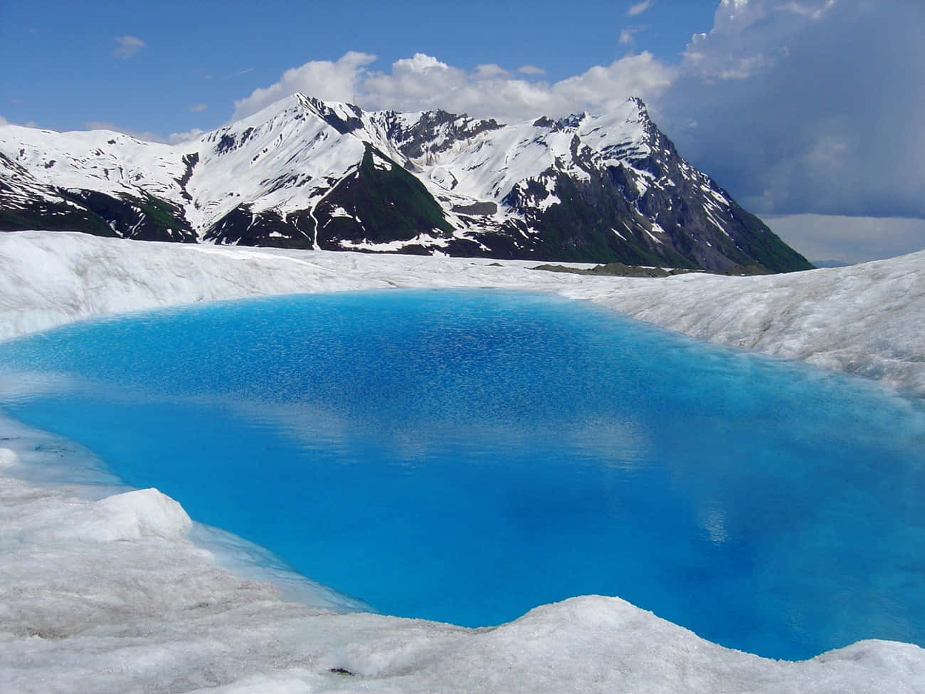glacial blue pond, snowy mountains, jagged snowcapped mountains, HD Desktop Wallpaper