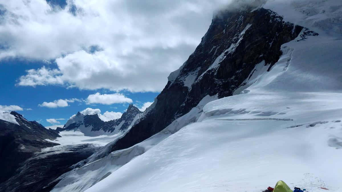 majestic mountain glacier, yellow tent, snowy mountain slope, SD Desktop Wallpaper