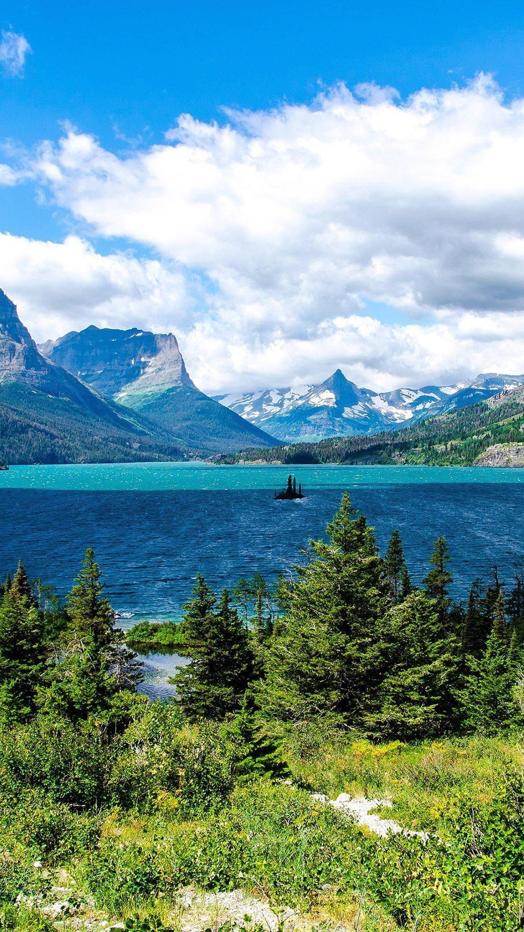 Glacier National Park, turquoise lake, towering green forests, Full HD Phone Wallpaper