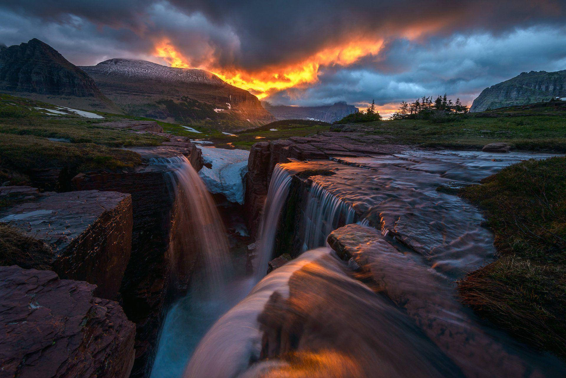 Glacier National Park, waterfall, sunset, Full HD Desktop Wallpaper