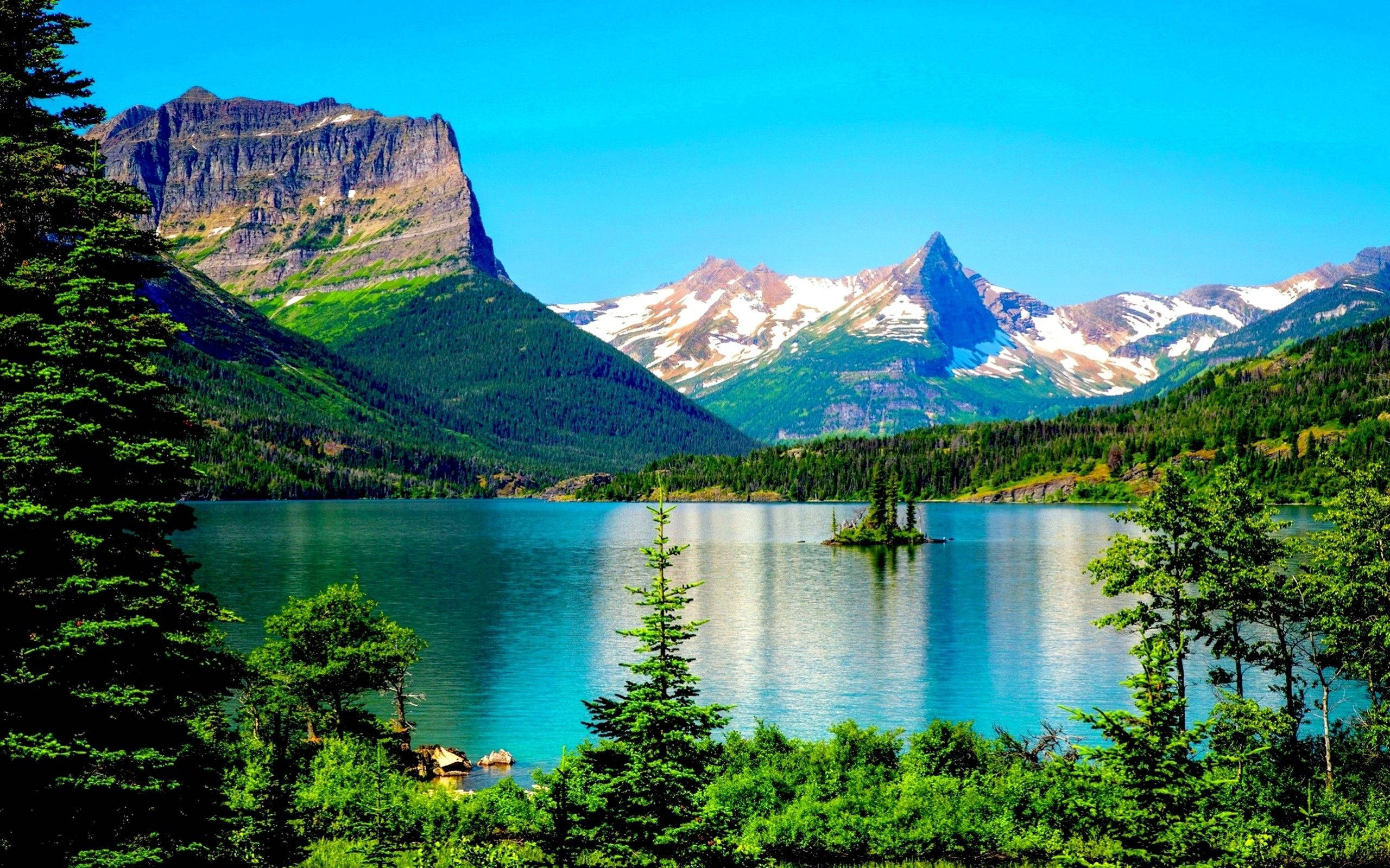 Glacier National Park, alpine lake, snow-capped peaks, 2K Desktop Wallpaper