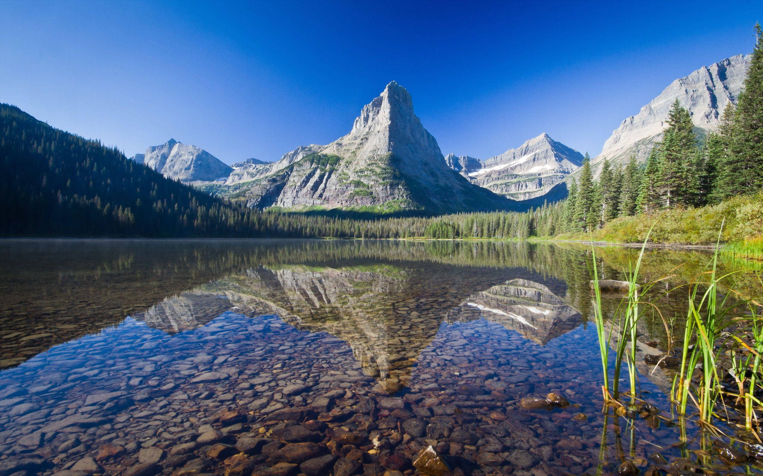 Glacier National Park, mountain lake, jagged peaks, 2K Desktop Wallpaper