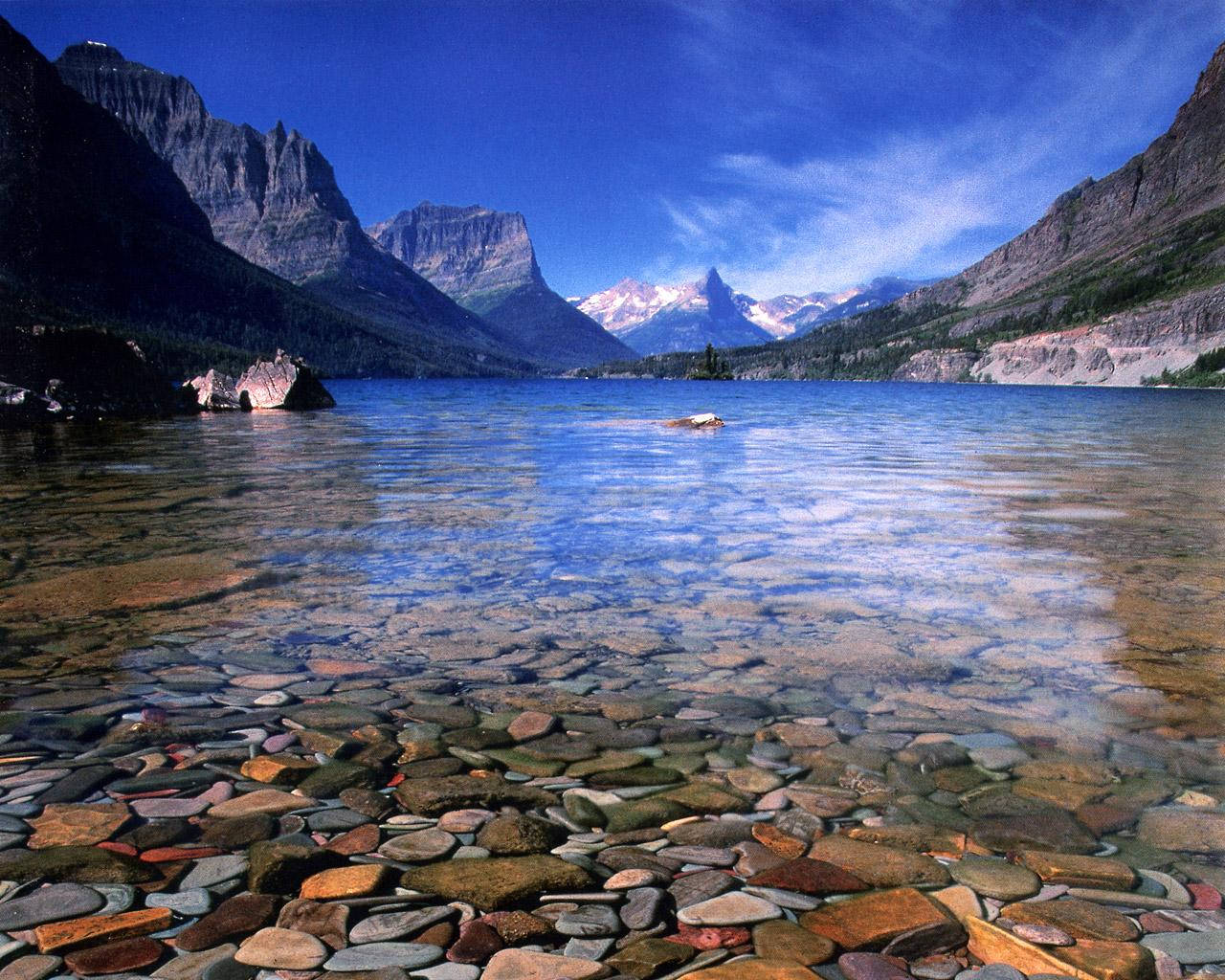 Glacier National Park, clear water, colorful stones, HD Desktop Wallpaper