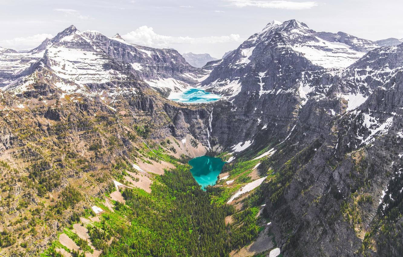 Glacier National Park, turquoise alpine lakes, rugged snow-dusted mountain peaks, HD Desktop Wallpaper