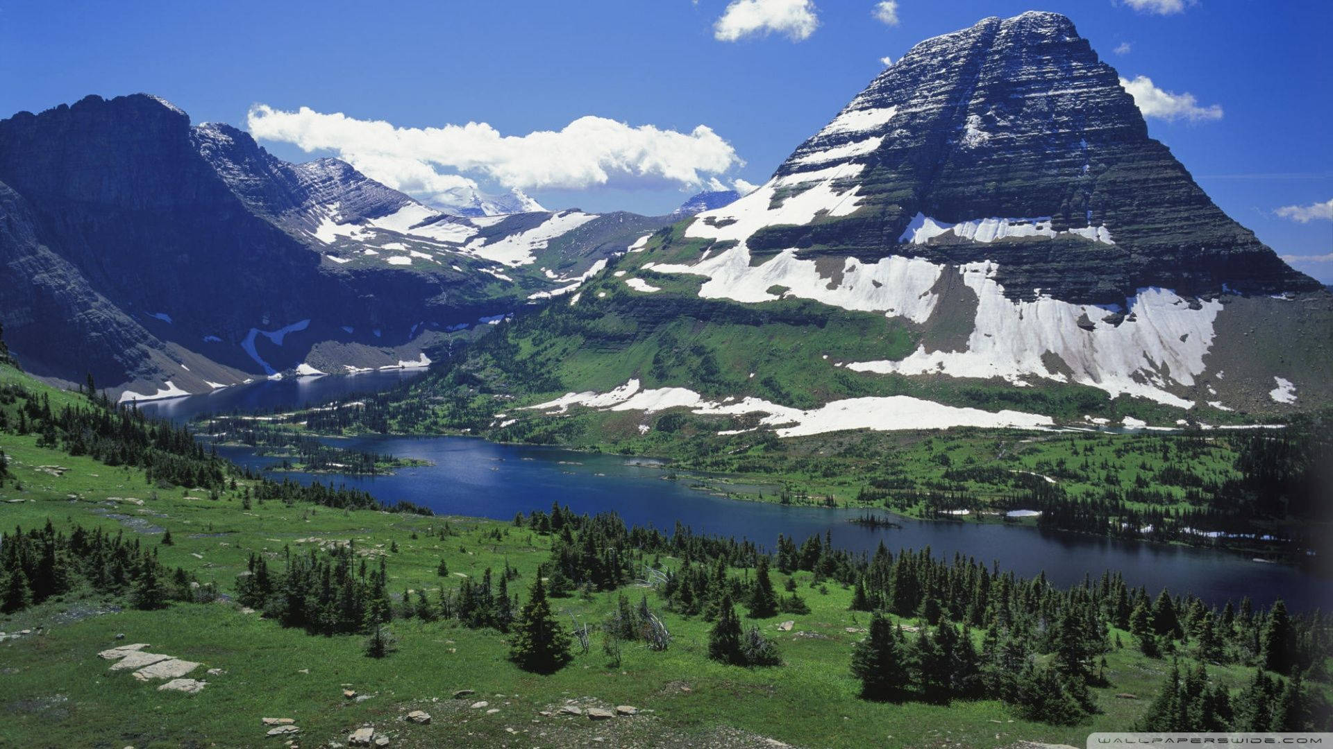 Glacier National Park, alpine lake, snow-dusted peaks, Full HD Desktop Wallpaper