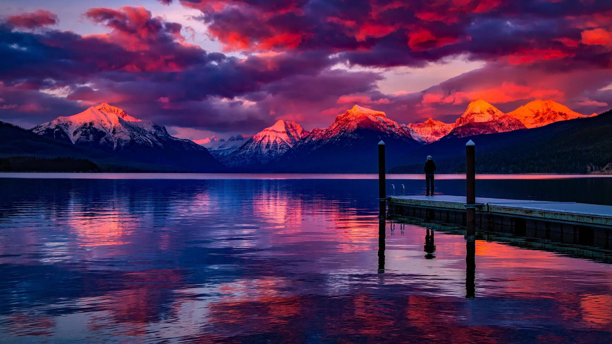 Glacier National Park, sunset, wooden dock, Full HD Desktop Wallpaper