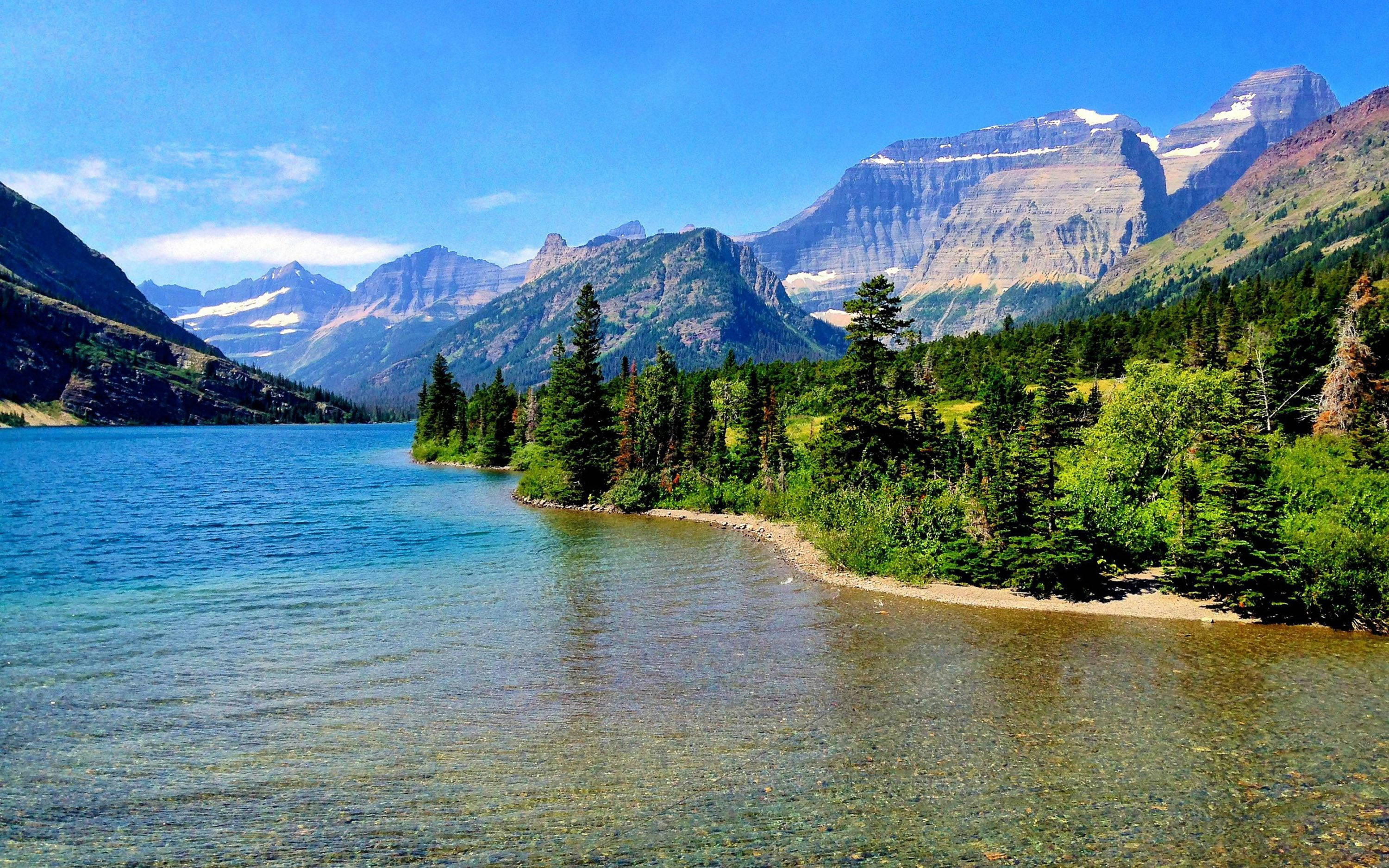 Glacier National Park, lake shore, alpine lake, 2K Desktop Wallpaper