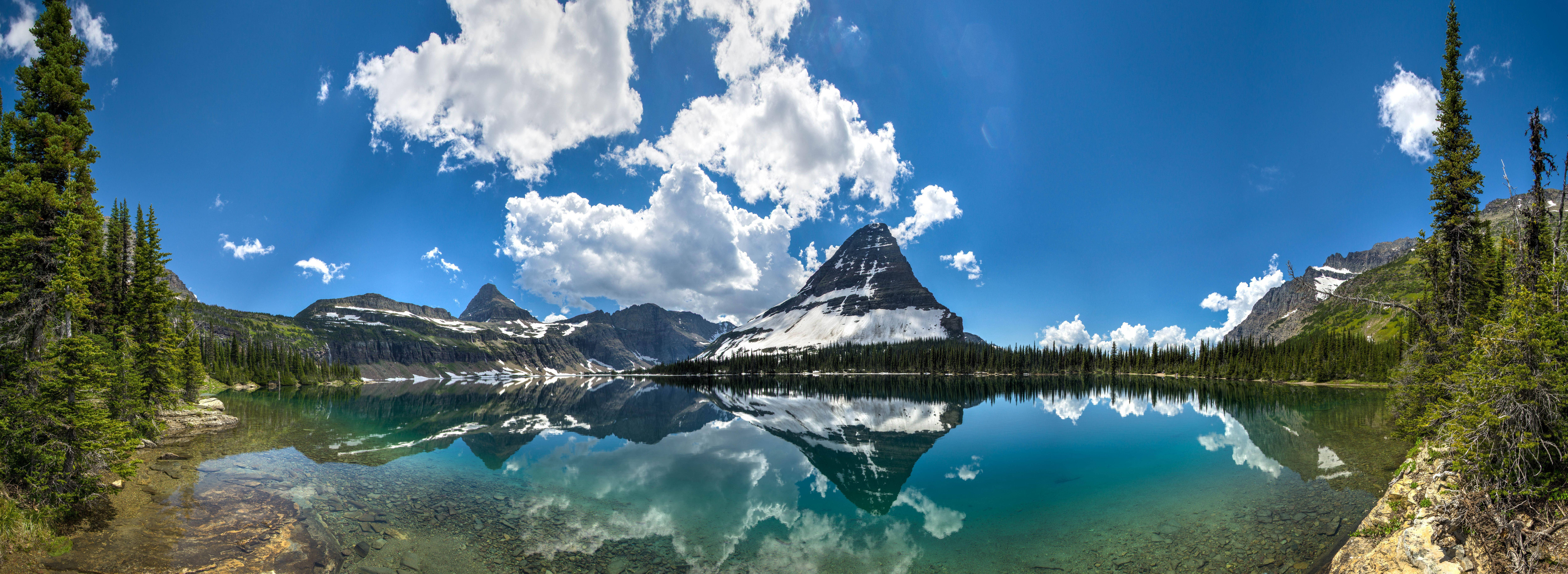 Glacier National Park, alpine lake, snow capped peaks, 8K Desktop Wallpaper
