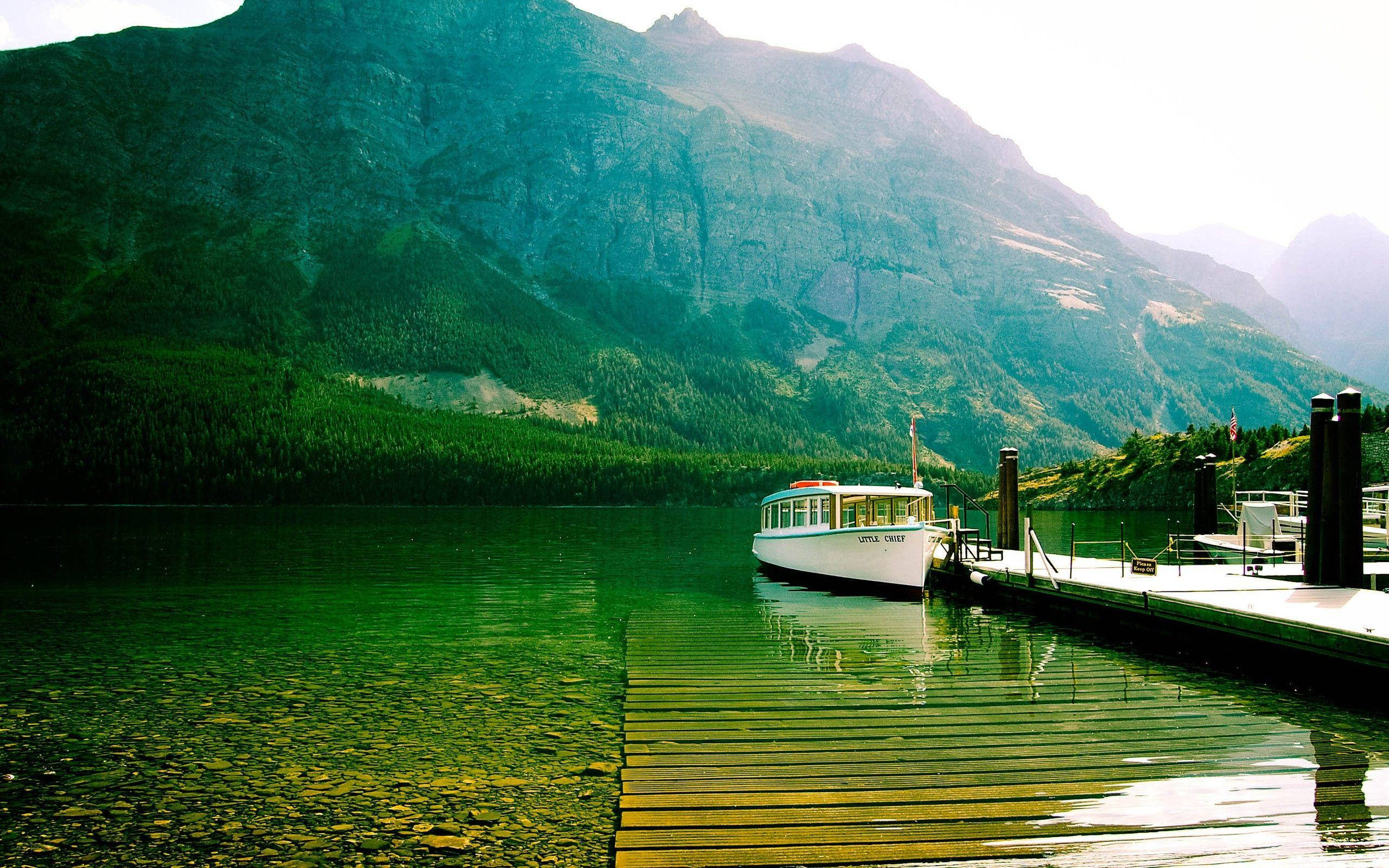 Glacier National Park, pier, white tour boat, 2K Desktop Wallpaper