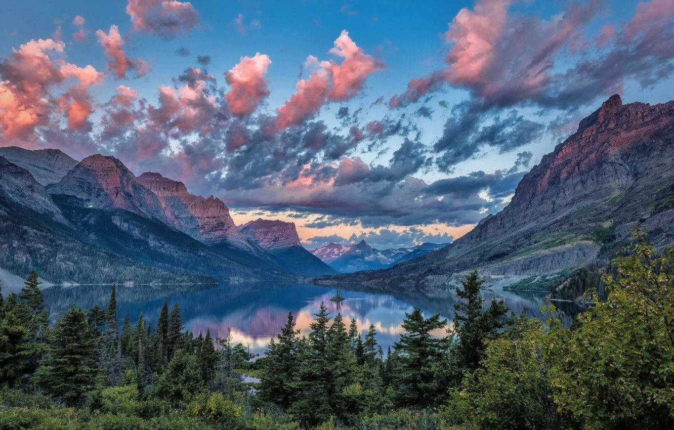 Glacier National Park, sunset sky, pink and blue clouds, HD Desktop Wallpaper