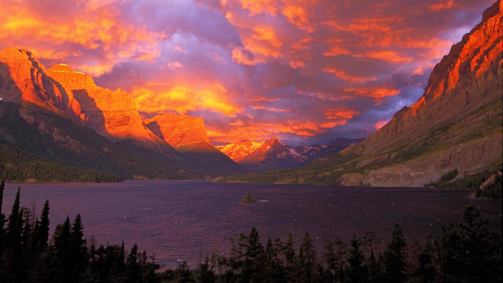 Red Sunset, Glacier National Park, mountain lake, Full HD Desktop Wallpaper