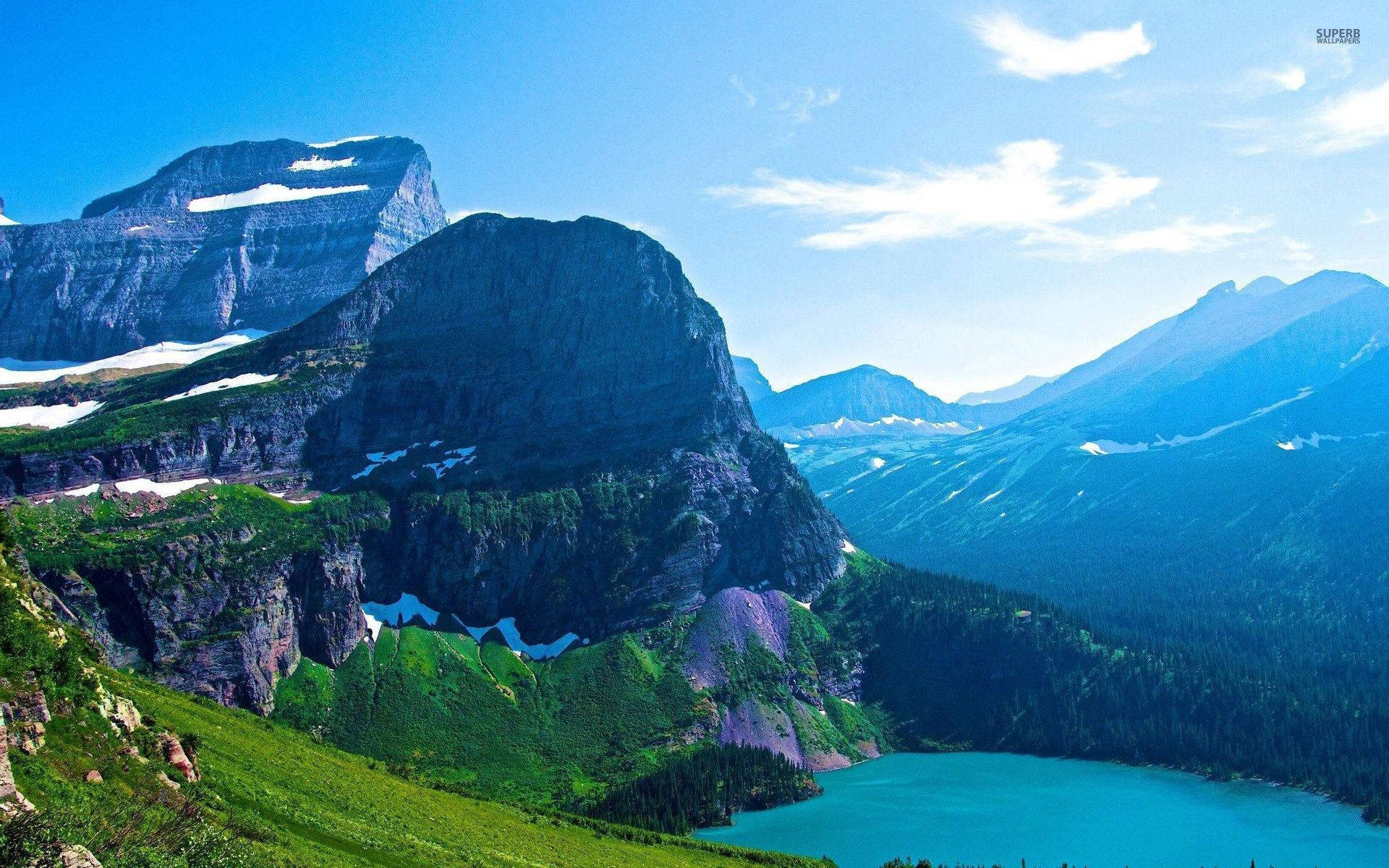 Glacier National Park, turquoise lake, towering green and snow-dusted mountains, Full HD Desktop Wallpaper
