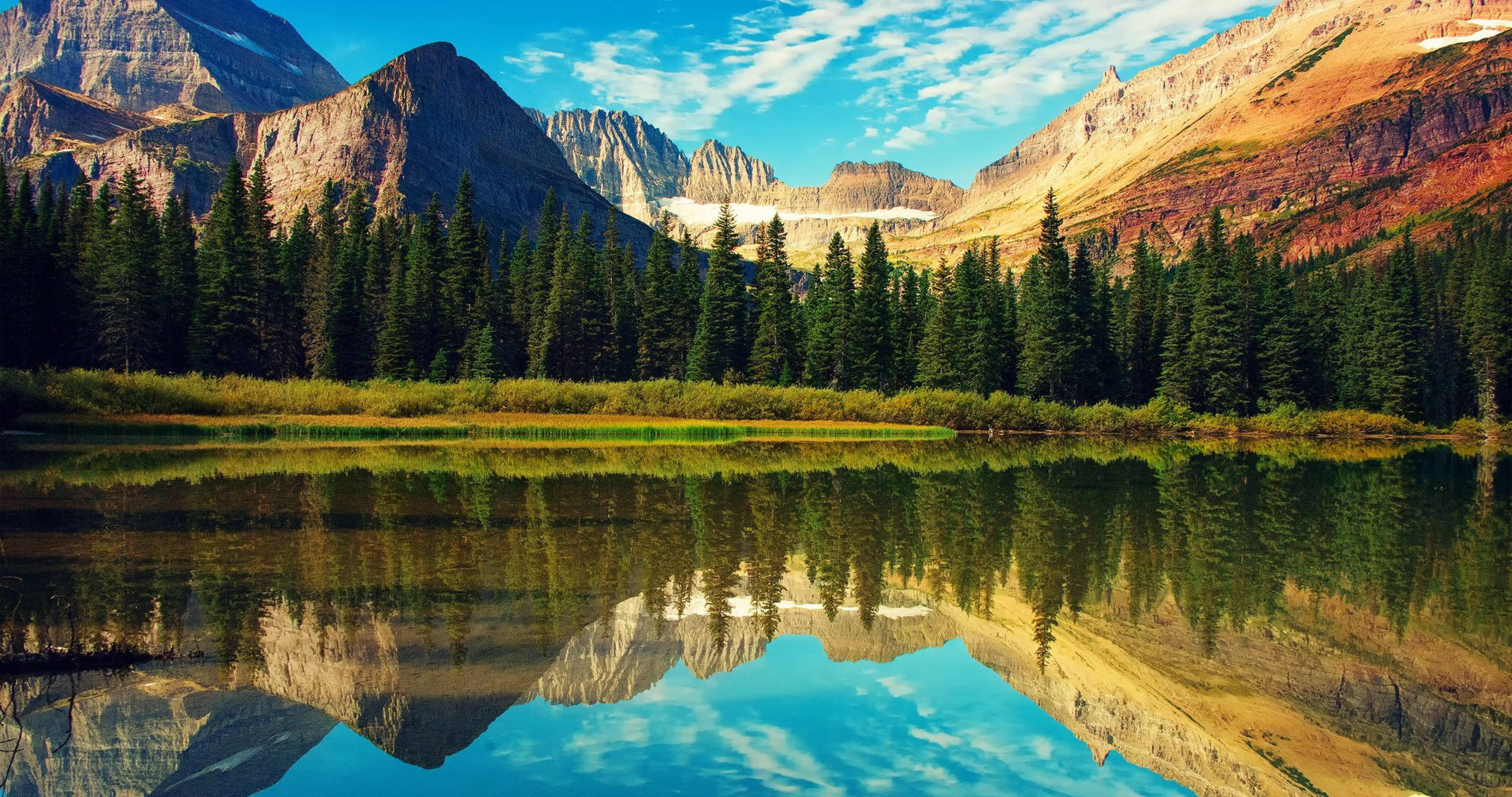 Glacier National Park, mountain lake, towering peaks, 4K Desktop Wallpaper