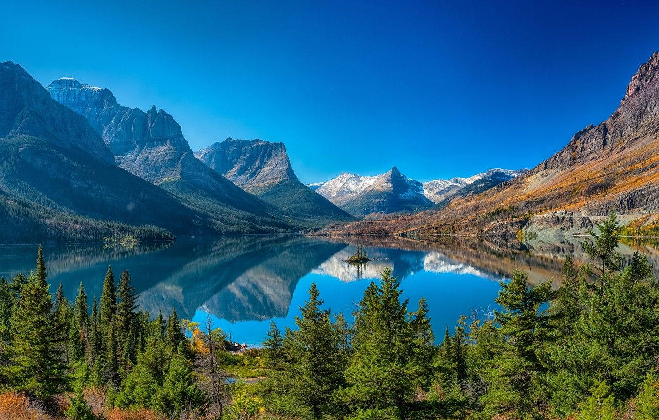Glacier National Park, alpine lake, snowcapped peaks, HD Desktop Wallpaper