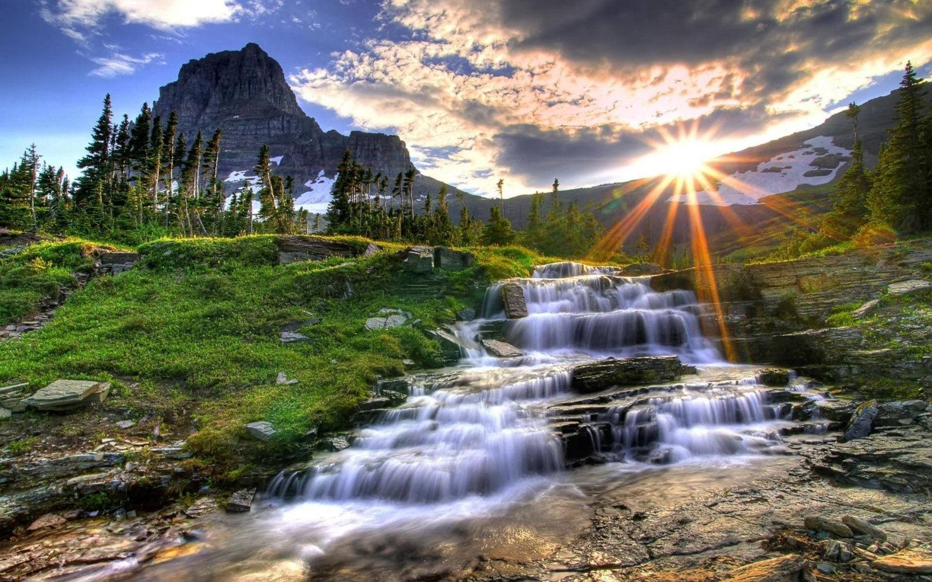 sunrise, waterfall, glacier national park, Full HD Desktop Wallpaper