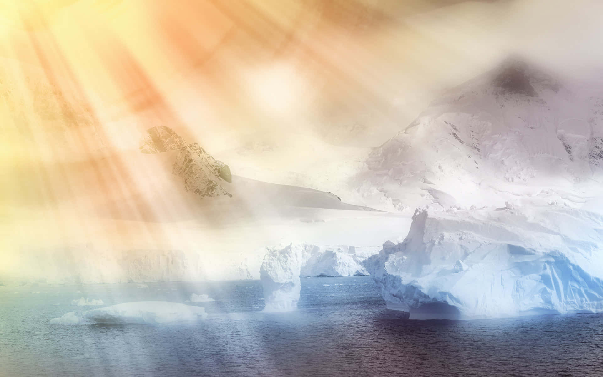 Glacier, sun rays, mist, Full HD Desktop Wallpaper