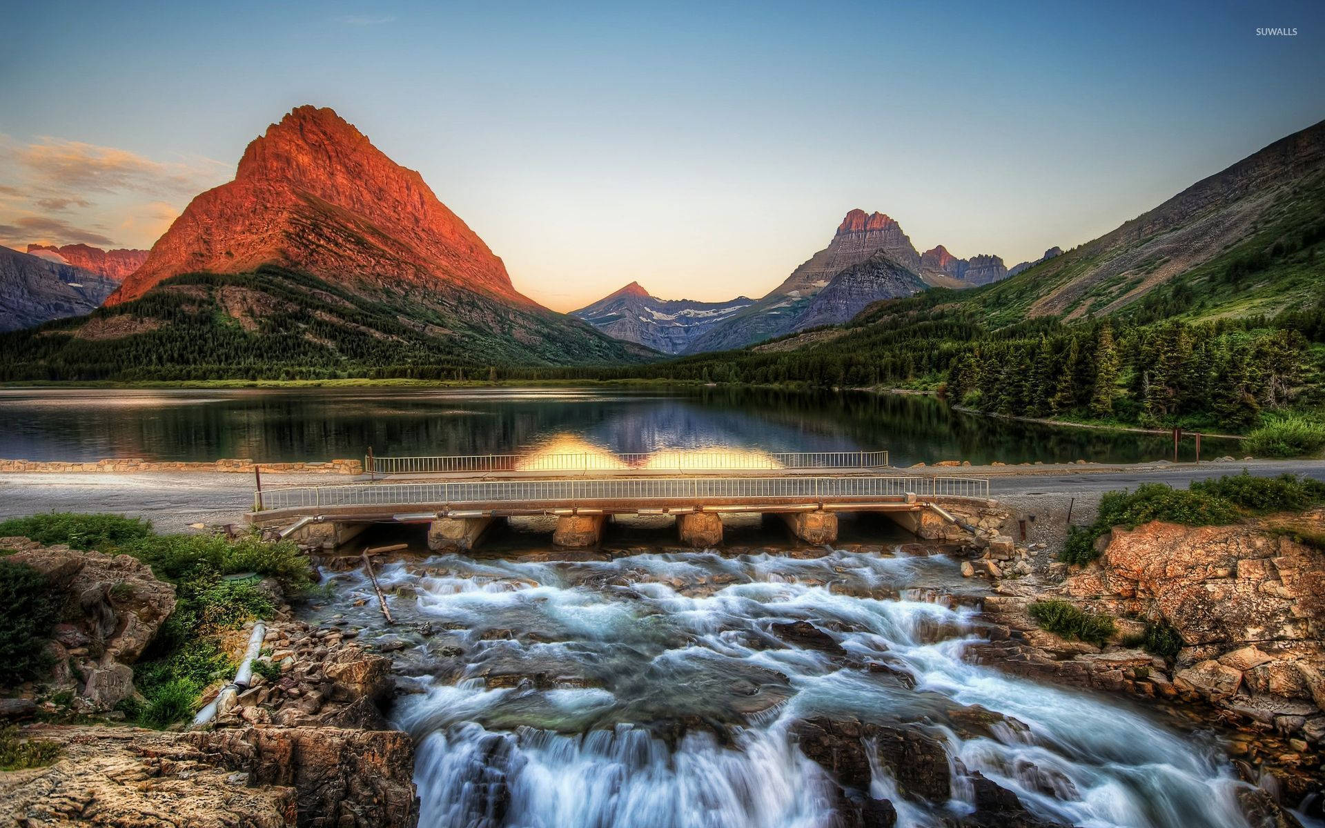 Glacier National Park, bridge, mountain lake, Full HD Desktop Wallpaper