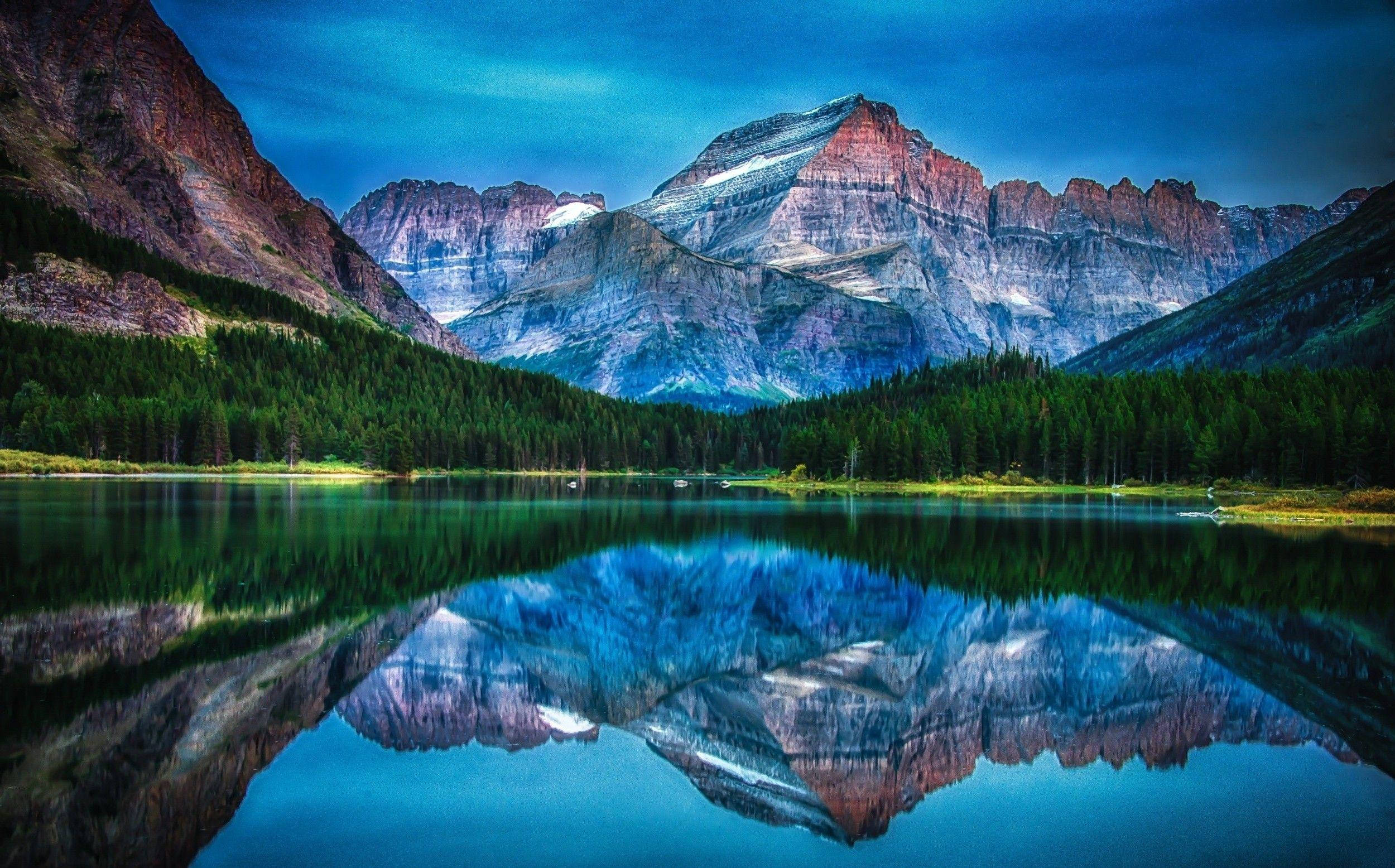 Glacier National Park, reflective lake, towering peaks, Full HD Desktop Wallpaper