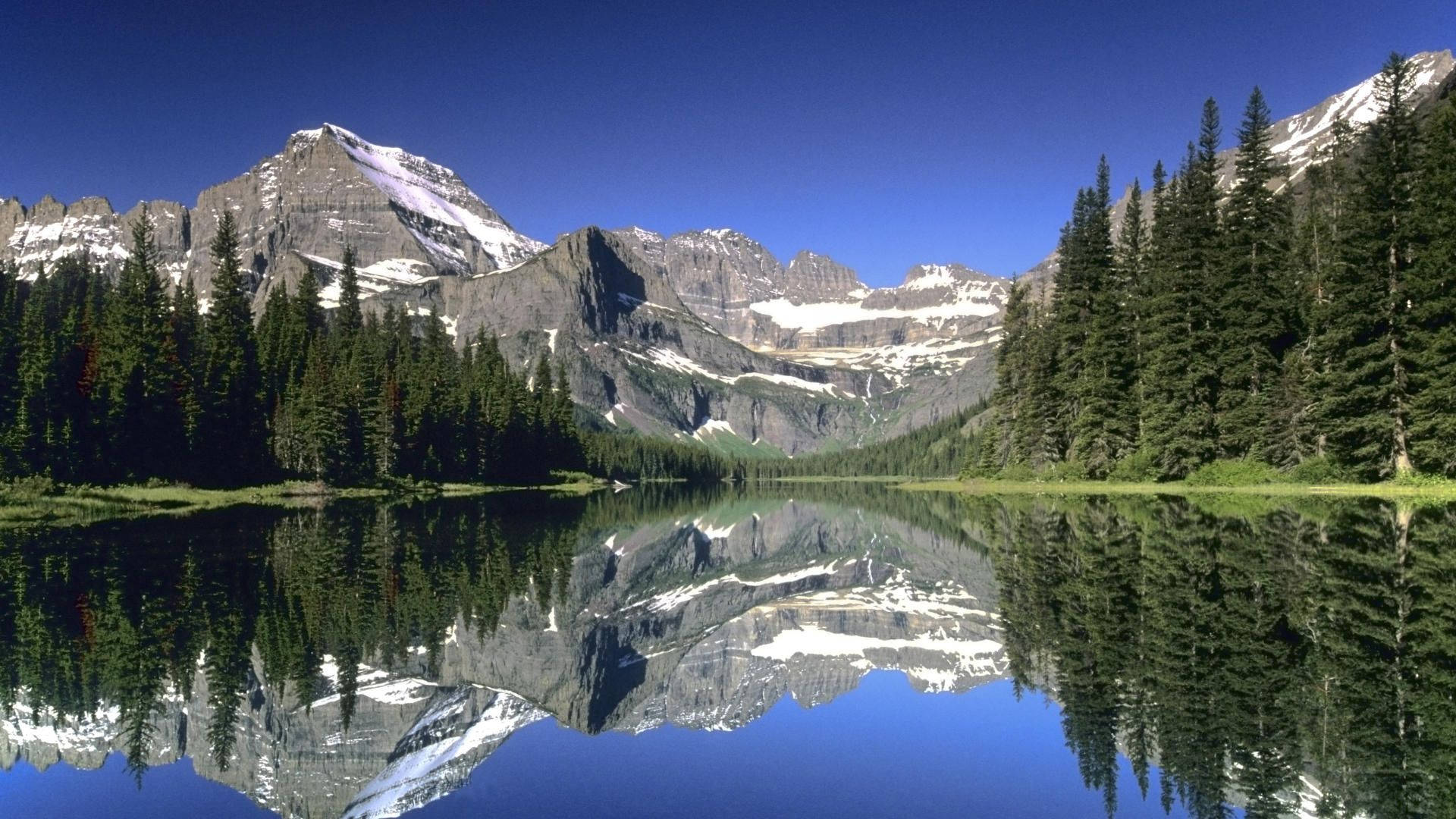 Glacier National Park, alpine lake, snow-capped peaks, Full HD Desktop Wallpaper