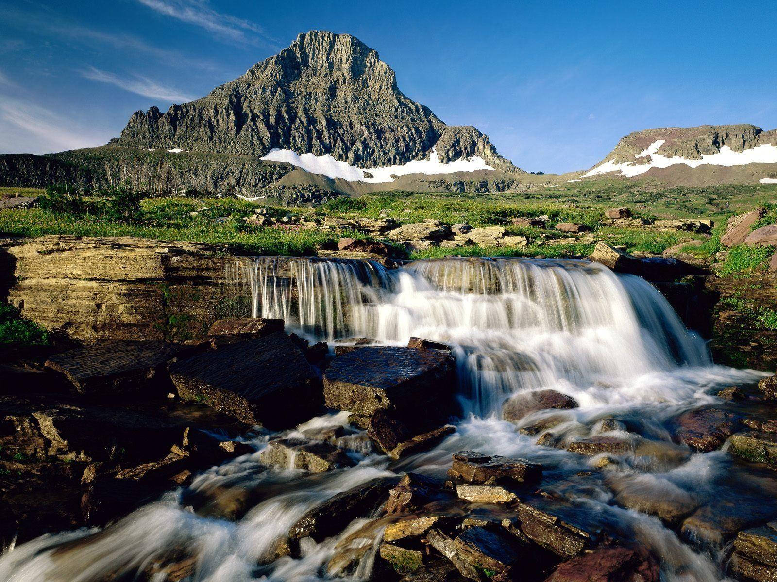Glacier National Park, small waterfall, mountain, HD Desktop Wallpaper