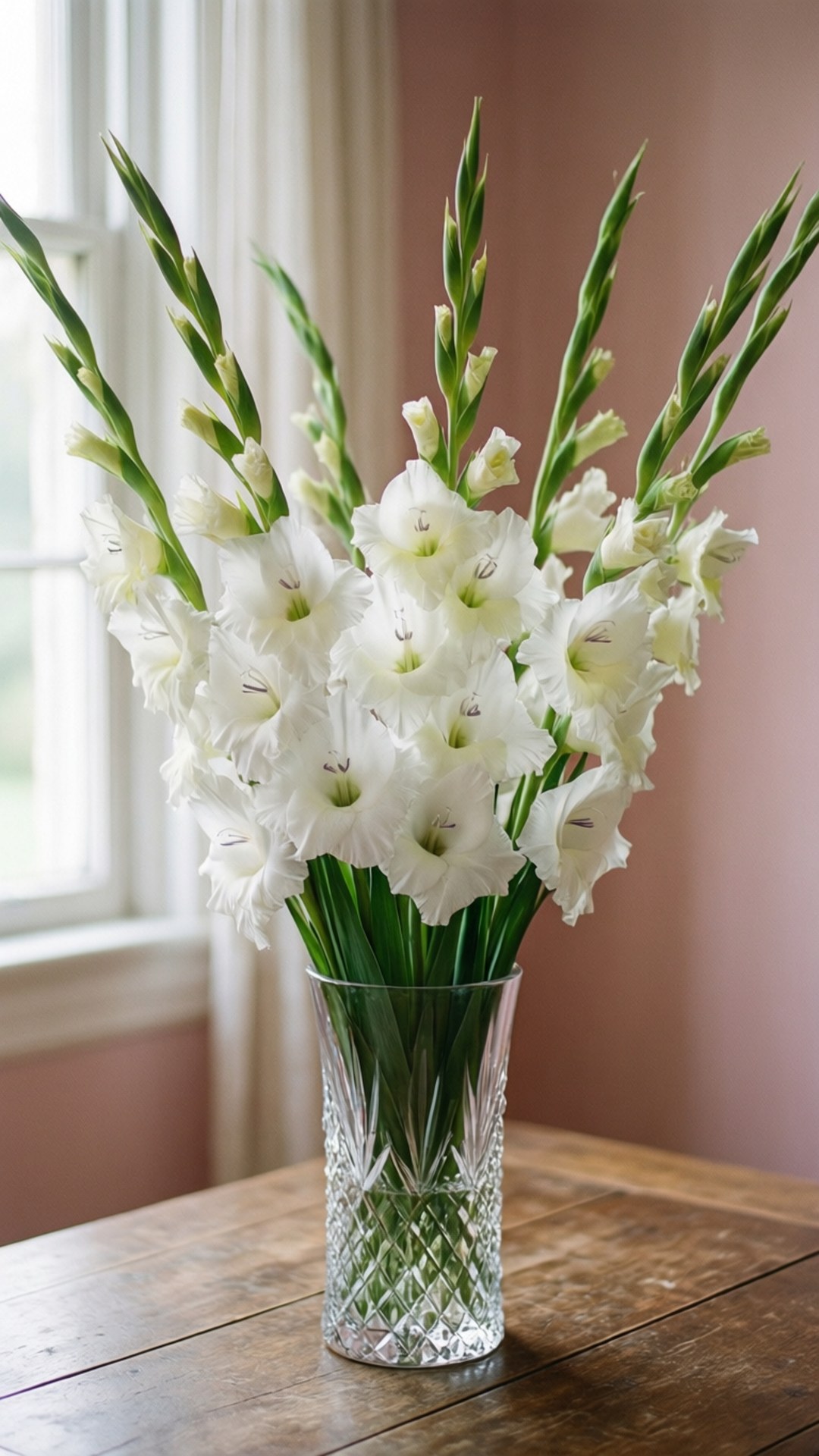 white gladiolus, crystal vase, wooden table, Full HD Phone Wallpaper