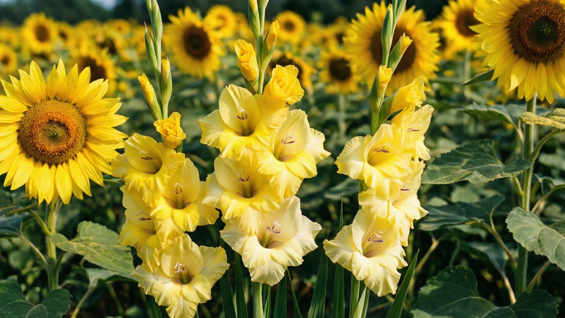 yellow gladiolus, sunflowers, lush green field, Full HD Desktop Wallpaper