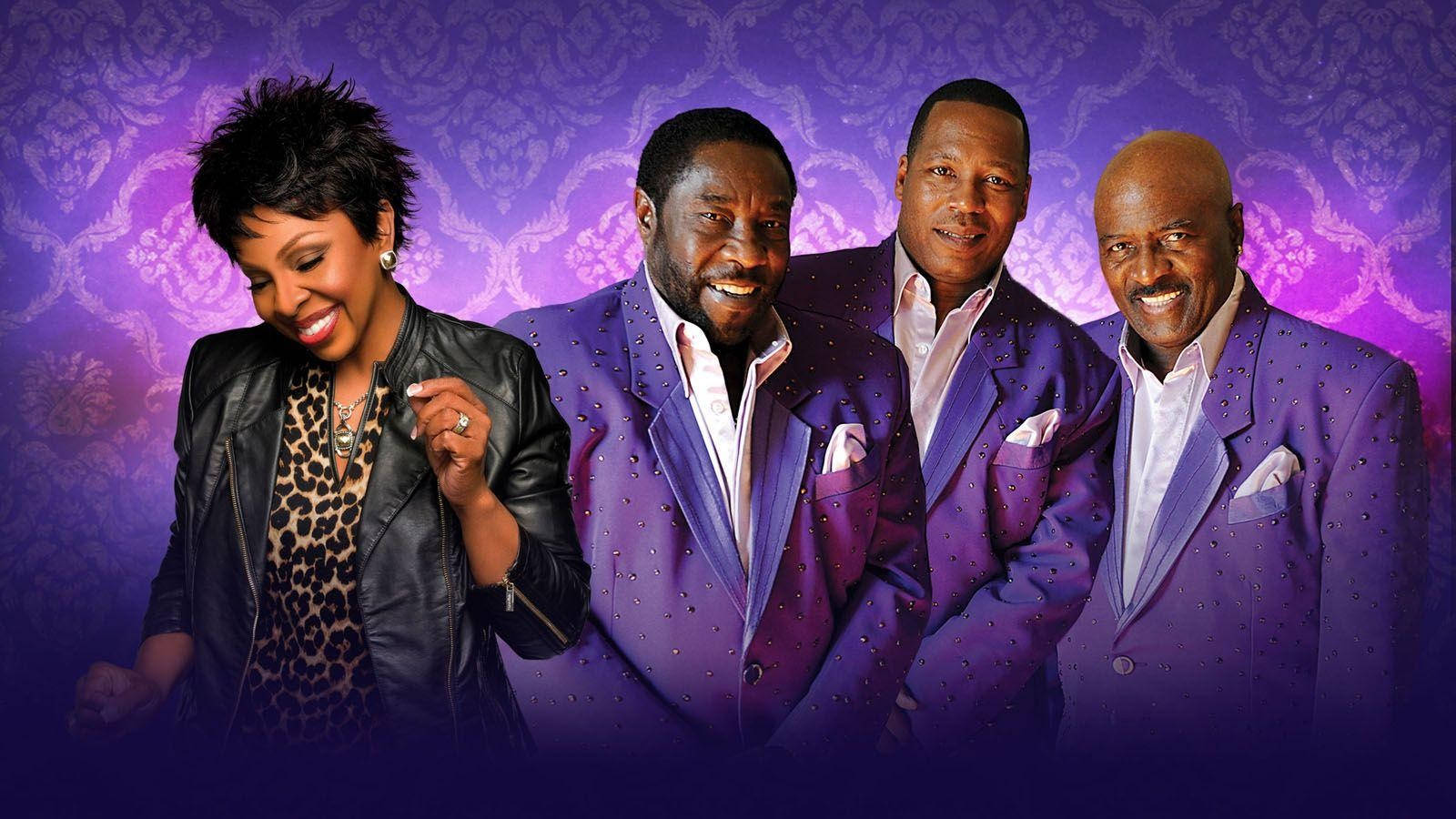 Gladys Knight And The Pips, purple damask wallpaper, four stylishly dressed performers, HD Desktop Wallpaper
