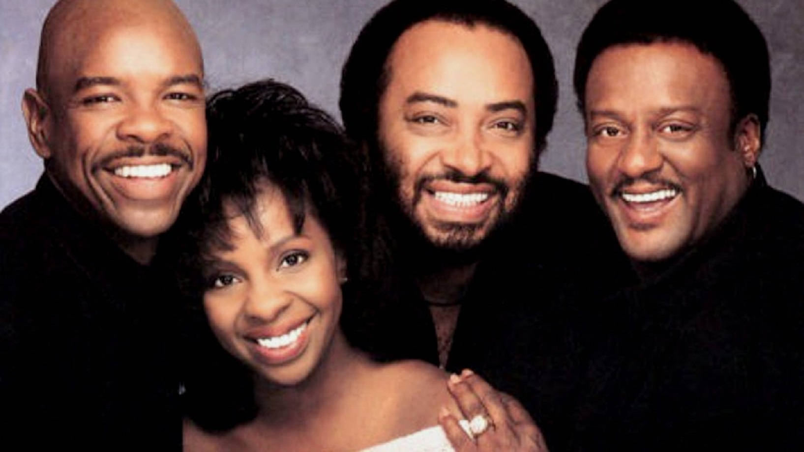 Gladys Knight And The Pips, black attire, muted gray studio backdrop, HD Desktop Wallpaper