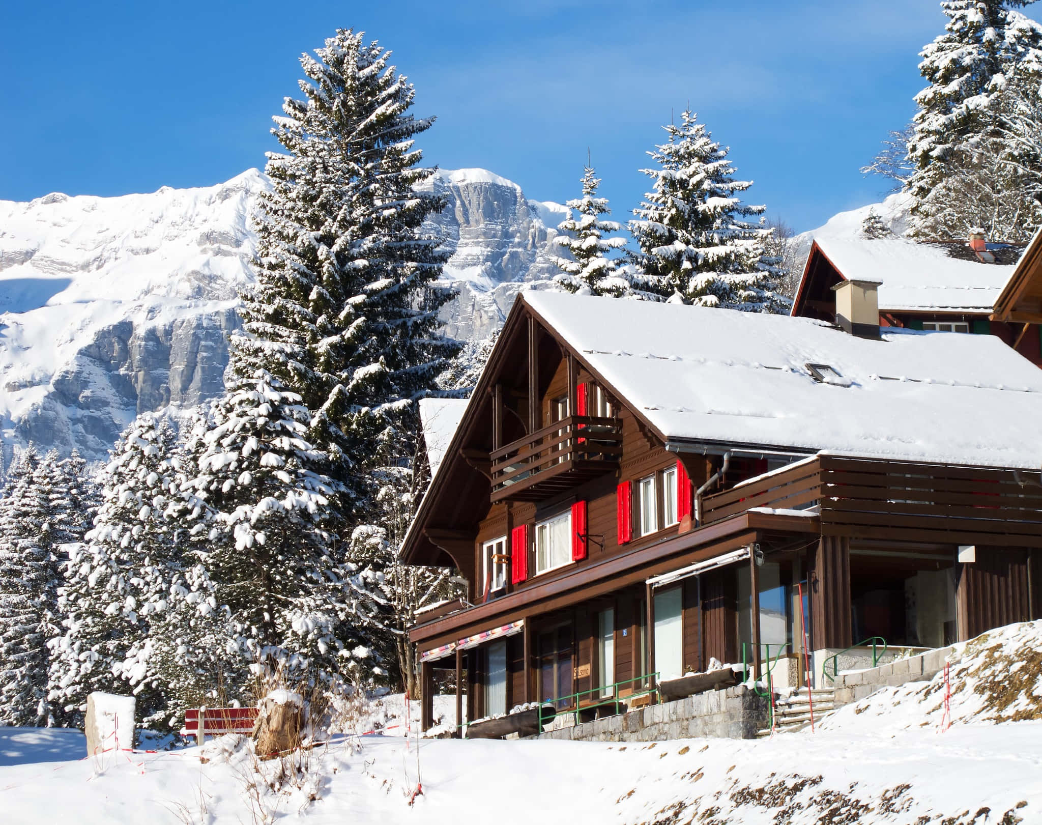 Glarus, alpine chalet, red shutters, Full HD Desktop Wallpaper