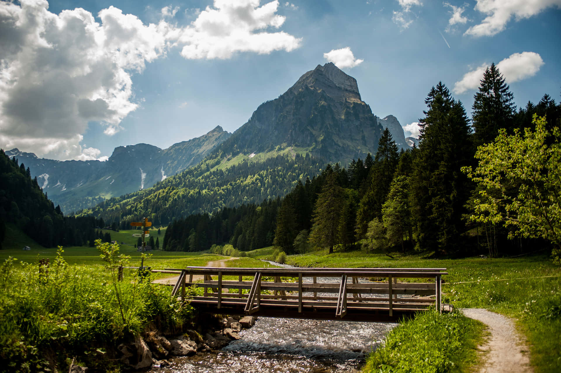 Glarus, wooden bridge, rushing stream, Full HD Desktop Wallpaper