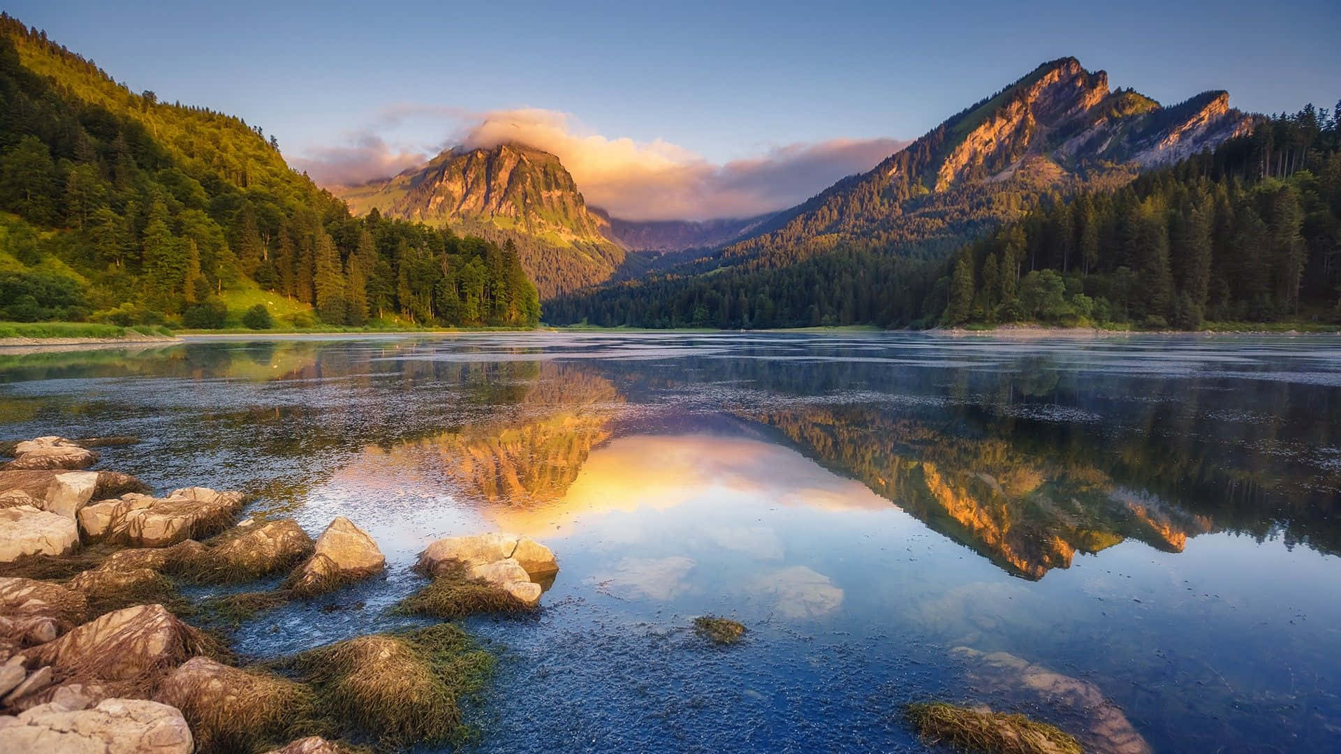 Sunrise Mountain Reflection Lake Glarus, golden sunset clouds, rugged peaks, Full HD Desktop Wallpaper