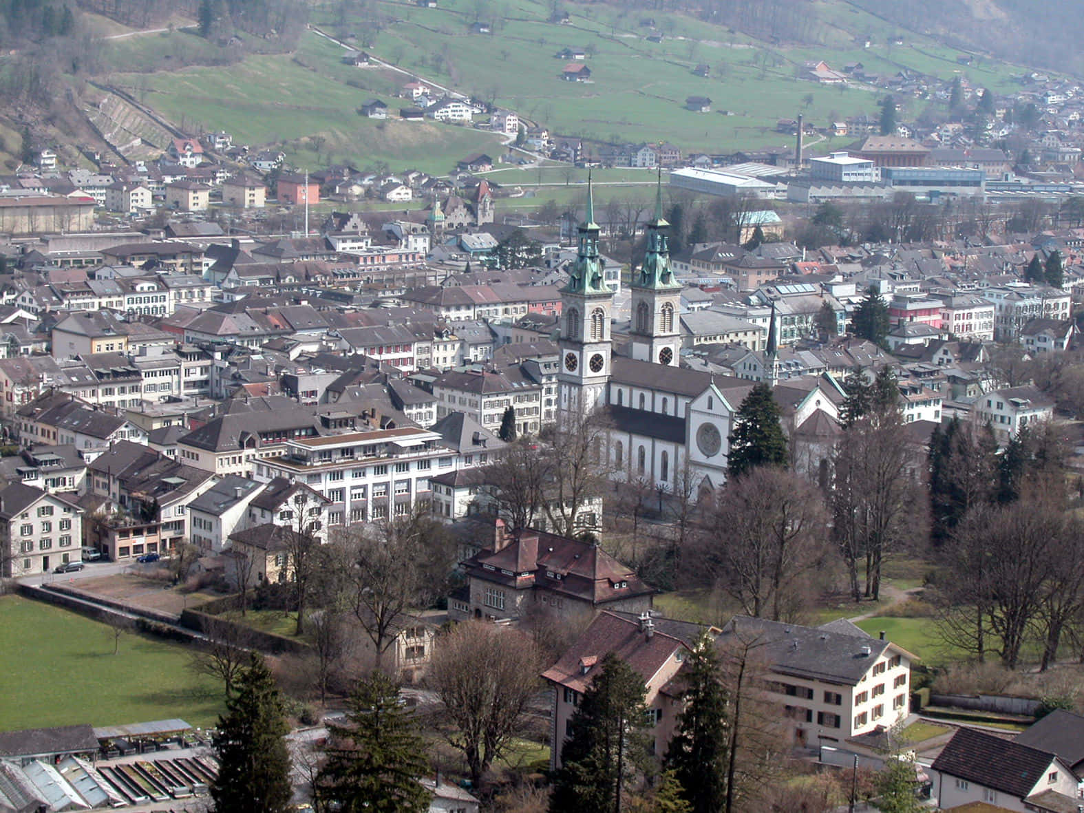 Glarus, white church, twin green spires, HD Desktop Wallpaper