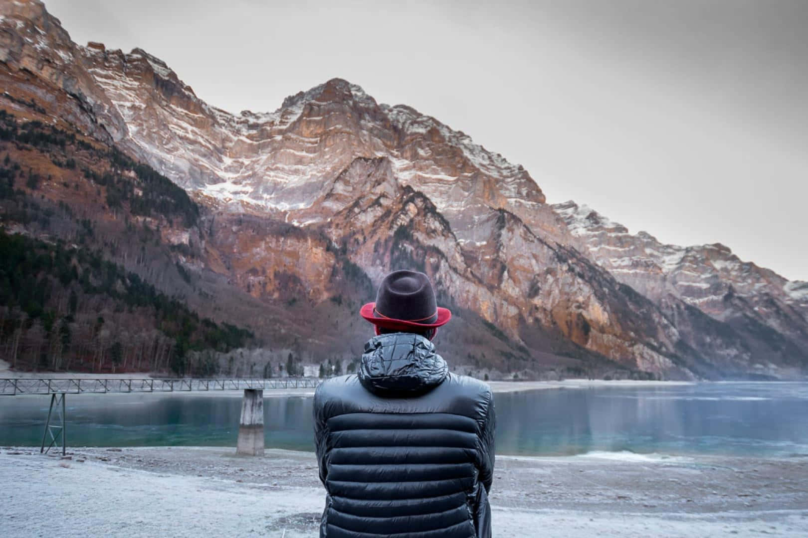 Glarus, snowy shore, frozen lake, HD Desktop Wallpaper