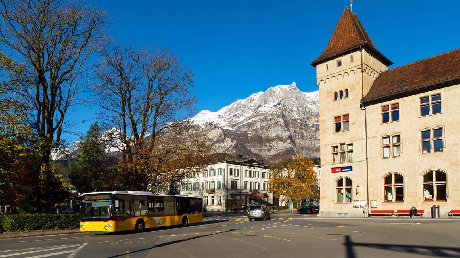 Glarus, snow-capped mountains, clear blue sky, HD Desktop Wallpaper