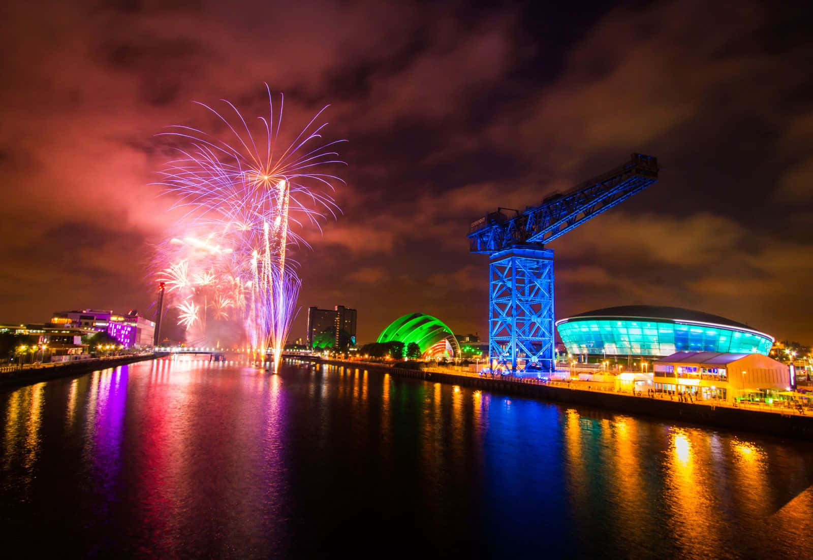 Glasgow, twilight sky, river, HD Desktop Wallpaper
