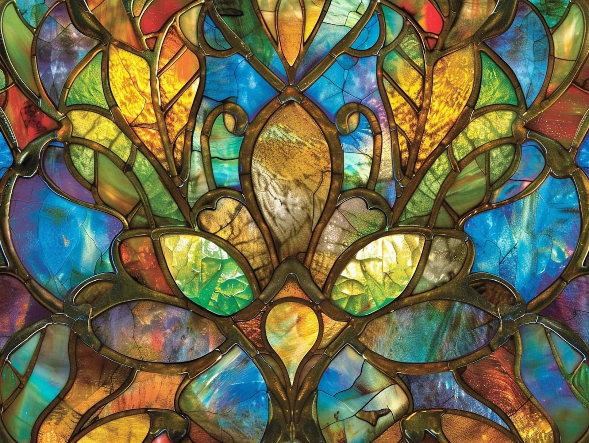 vibrant stained glass artistry, leaf motifs, rich blues, Full HD Desktop Wallpaper