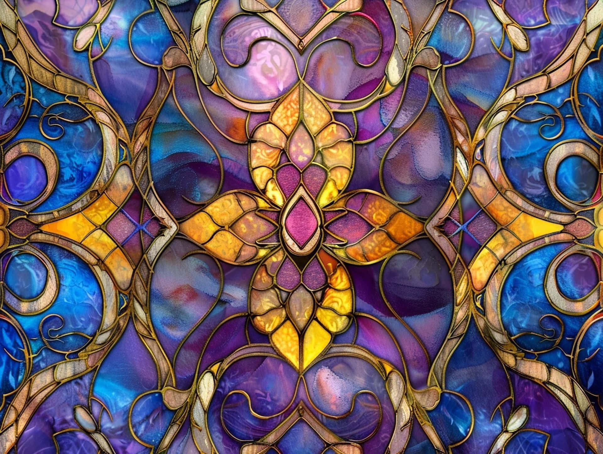 vibrant stained glass artistry, swirling gold lines, central floral motif, Full HD Desktop Wallpaper