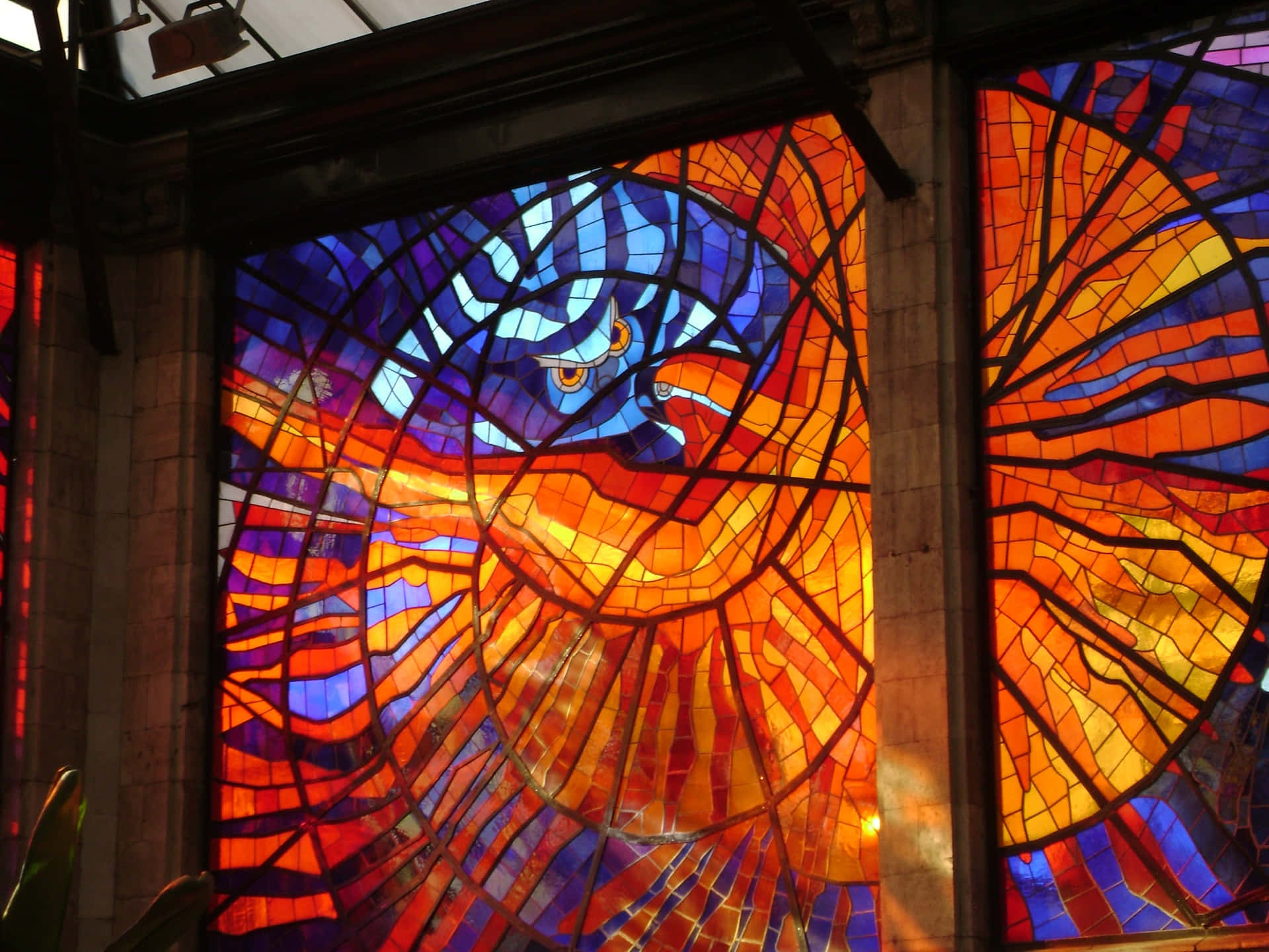 vibrant stained glass artwork, blue dragon, glowing eyes, Full HD Desktop Wallpaper
