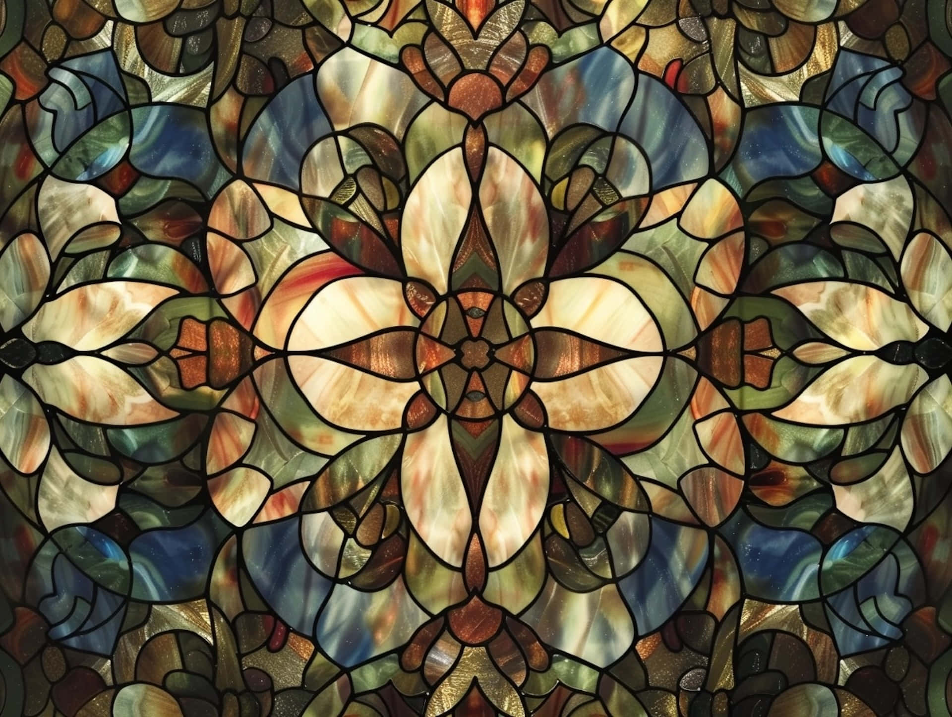 symmetrical stained glass pattern, swirling petals, amber blue, Full HD Desktop Wallpaper