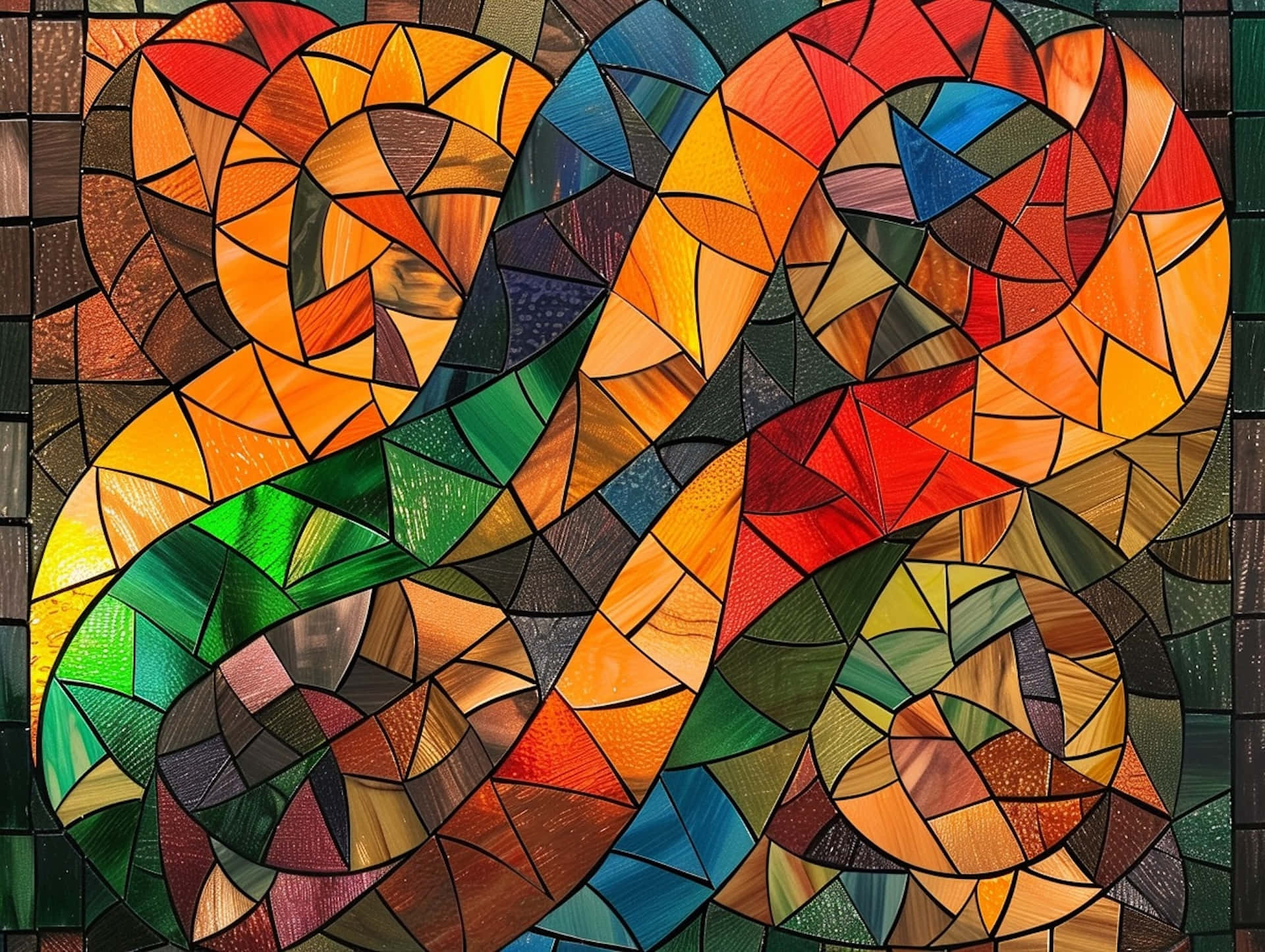 abstract stained glass artwork, vibrant stained glass mosaic, interlocking serpentine swirls, Full HD Desktop Wallpaper