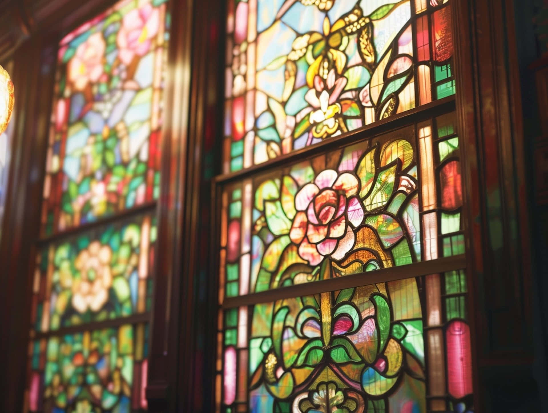 vibrant stained glass window, floral patterns, wooden frames, Full HD Desktop Wallpaper