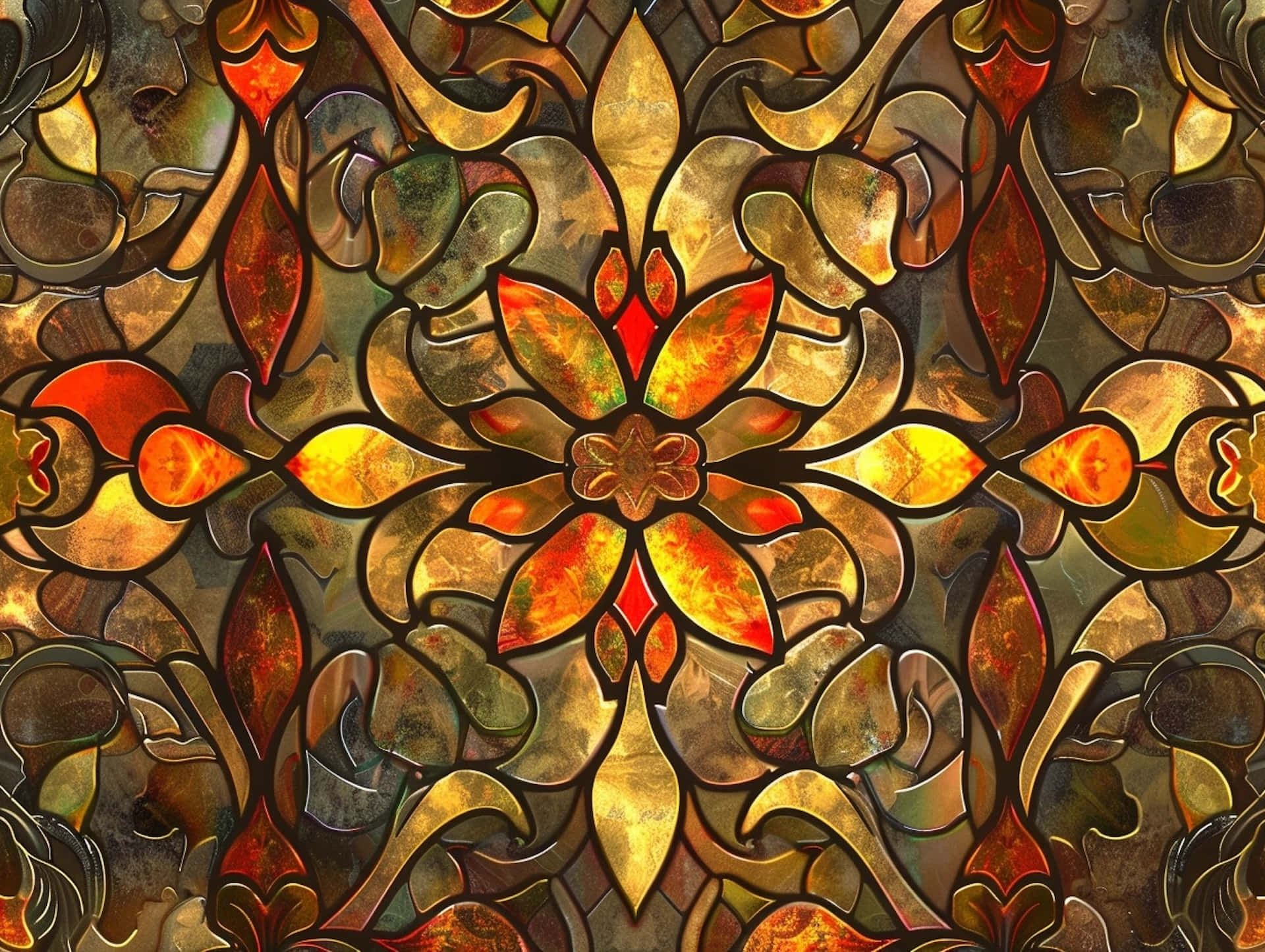 ornate stained glass floral design, golden amber leaves, deep red accents, Full HD Desktop Wallpaper