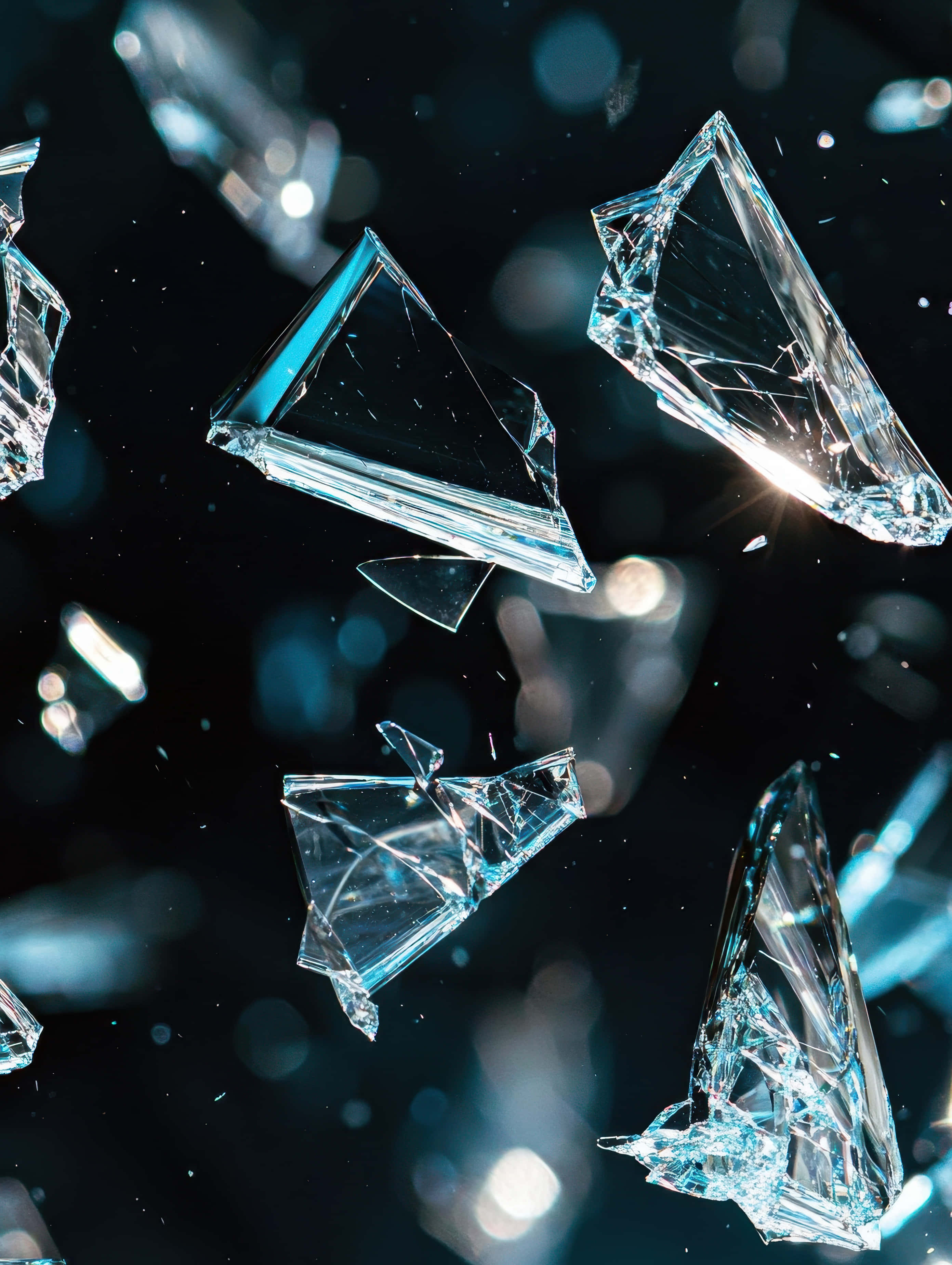shattered glass pieces, dark background, glowing bokeh lights, 2K Phone Wallpaper