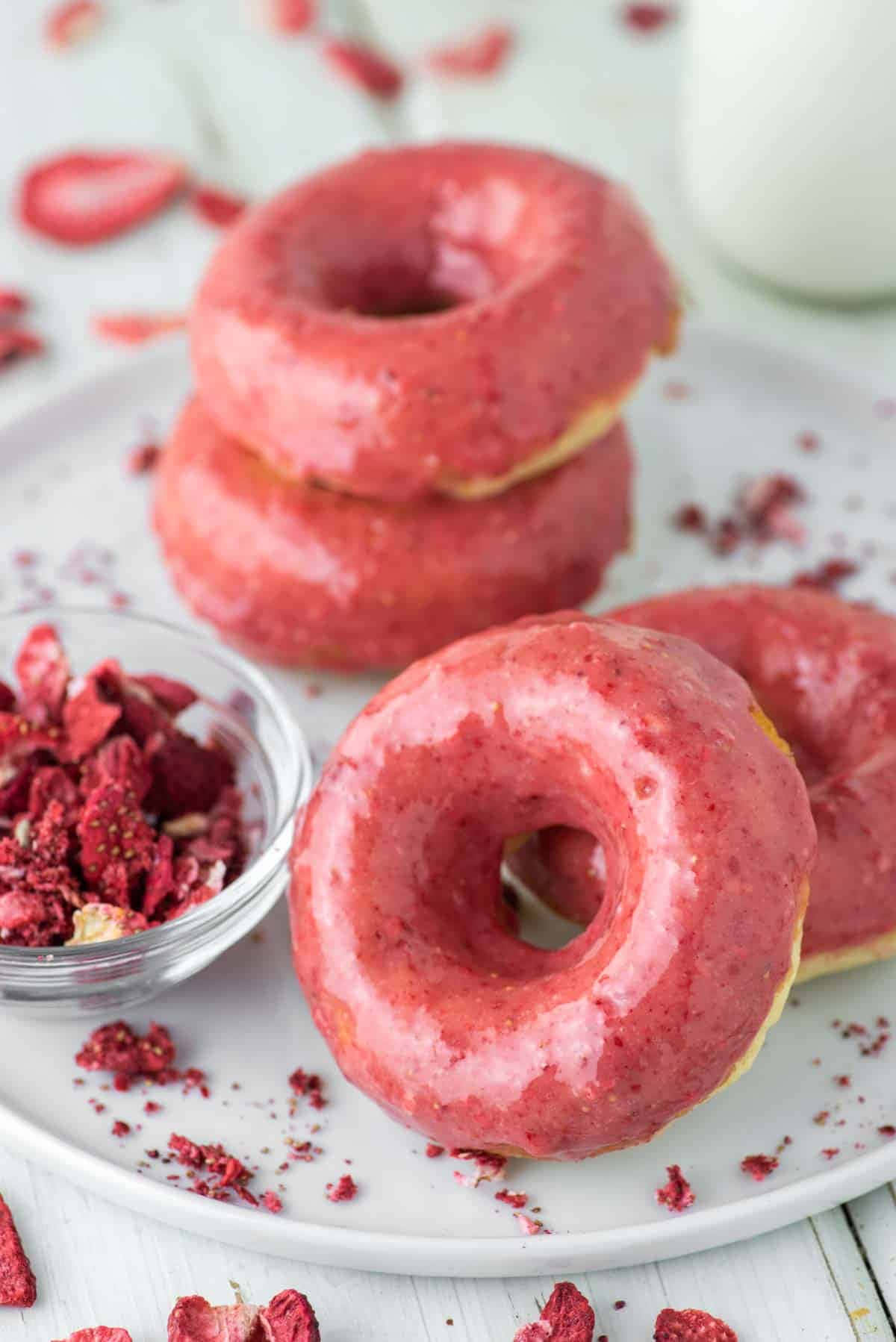 glazed donut, pink glazed, white plate, HD Phone Wallpaper